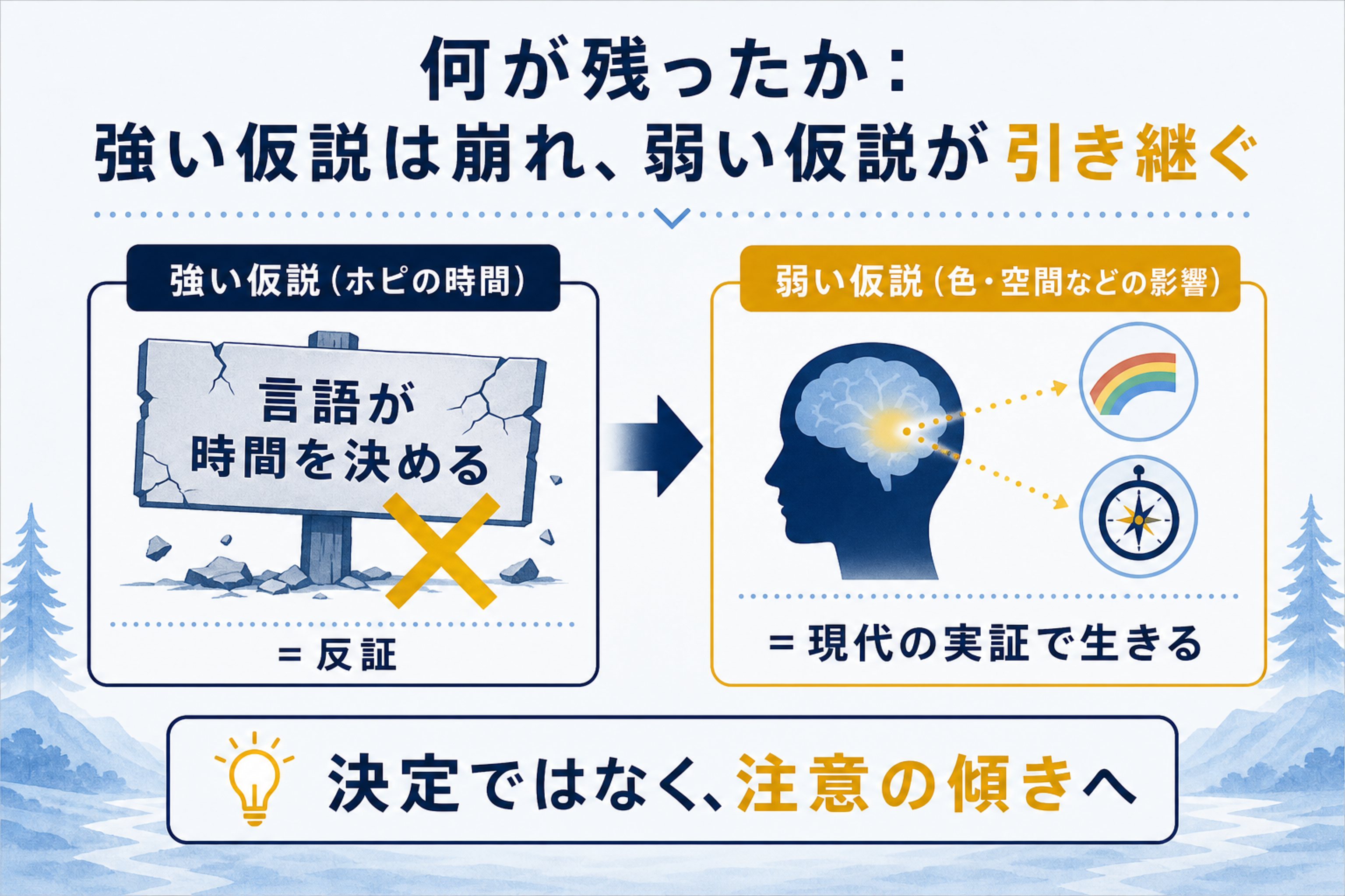 「時間の概念がない言語」ホピ語の真相の本文図解。強い仮説から弱い仮説への引き継ぎを説明する画像