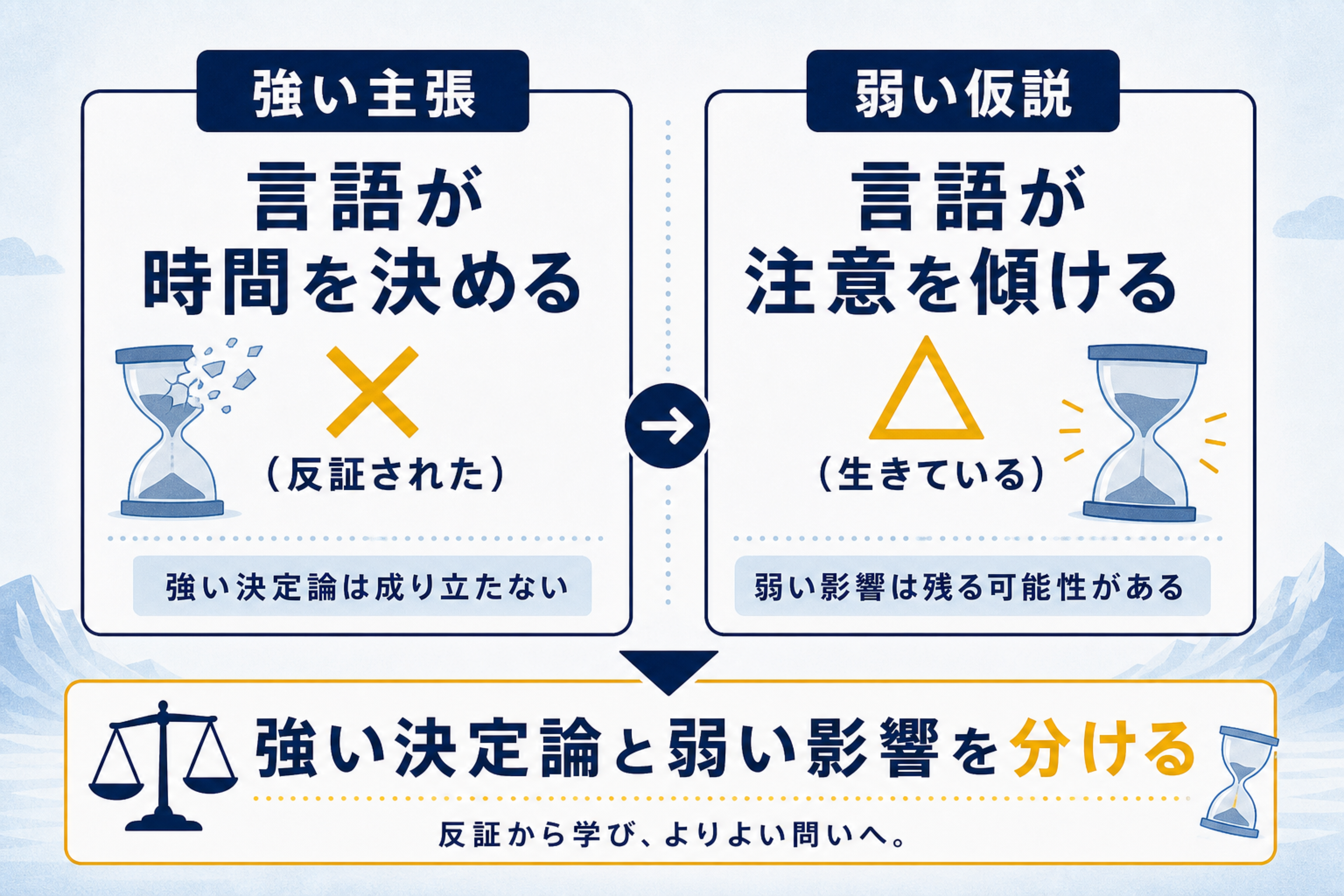 「時間の概念がない言語」ホピ語の真相の本文図解。俗説と事実の二段整理を説明する画像