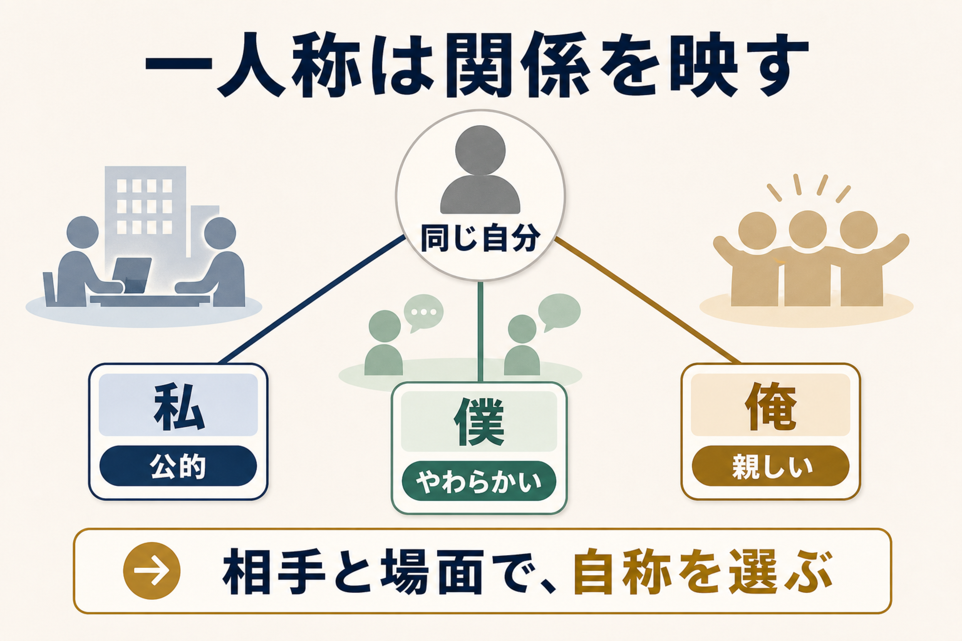 日本語の一人称の理解を助ける本文図解。一人称が話し手の立場や関係を映すことを示す