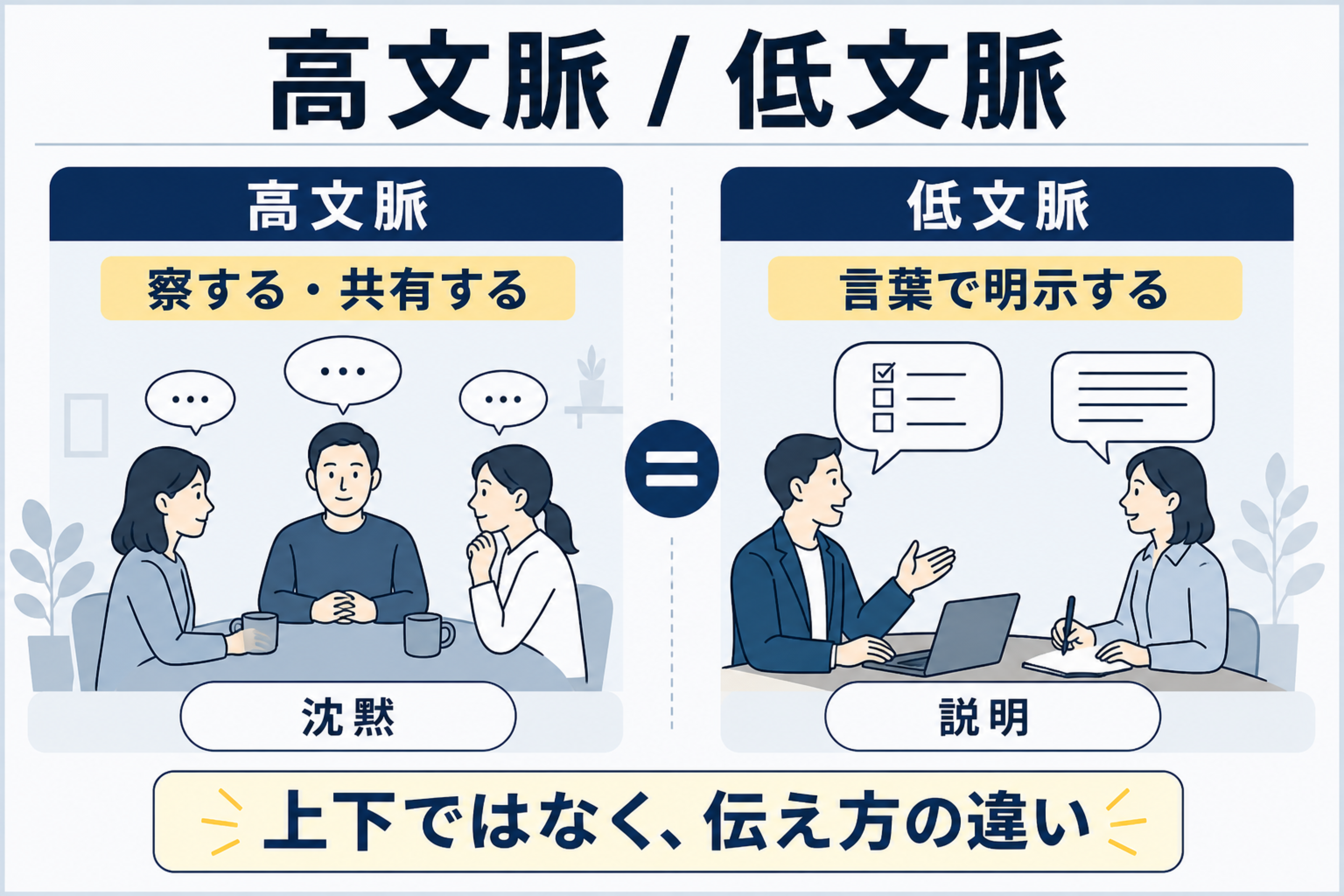 高文脈文化と低文脈文化であいさつや沈黙の意味が違うことを示す図