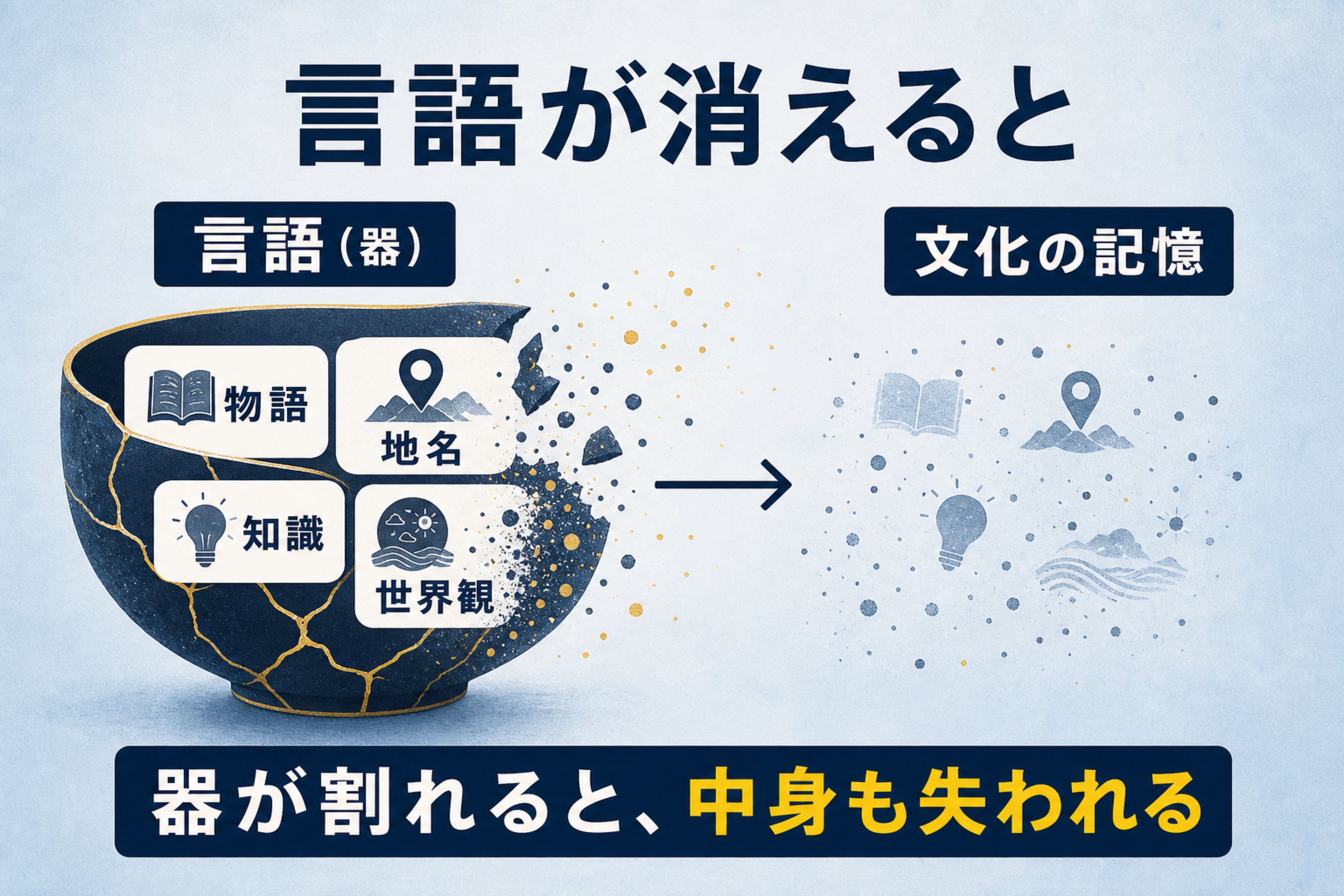 消滅危機言語が失われると物語や土地の知識も消えやすいことを示す図