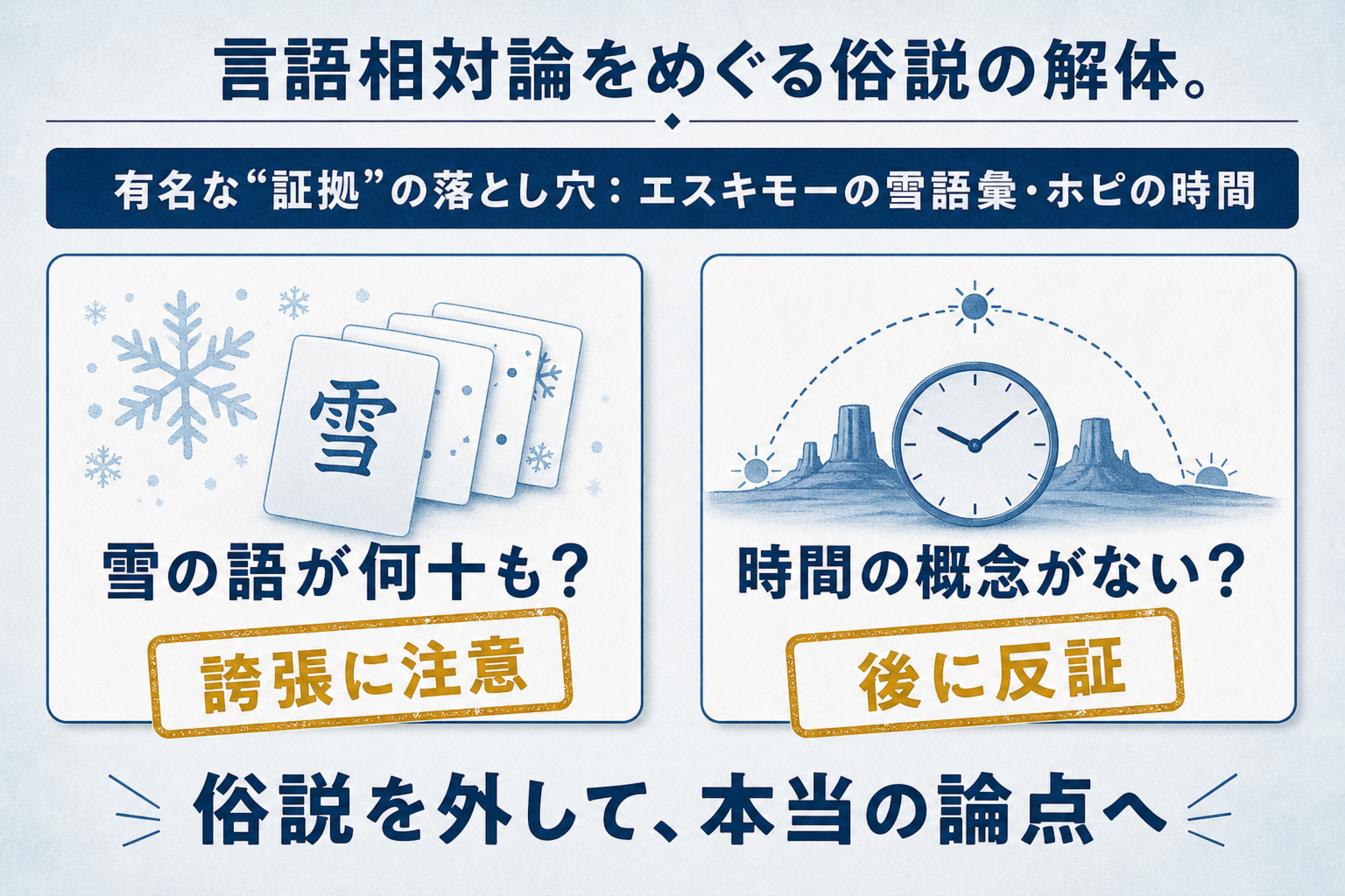 エスキモーの雪語彙とホピの時間という二つの有名な証拠に誇張と反証の注記を重ねた図