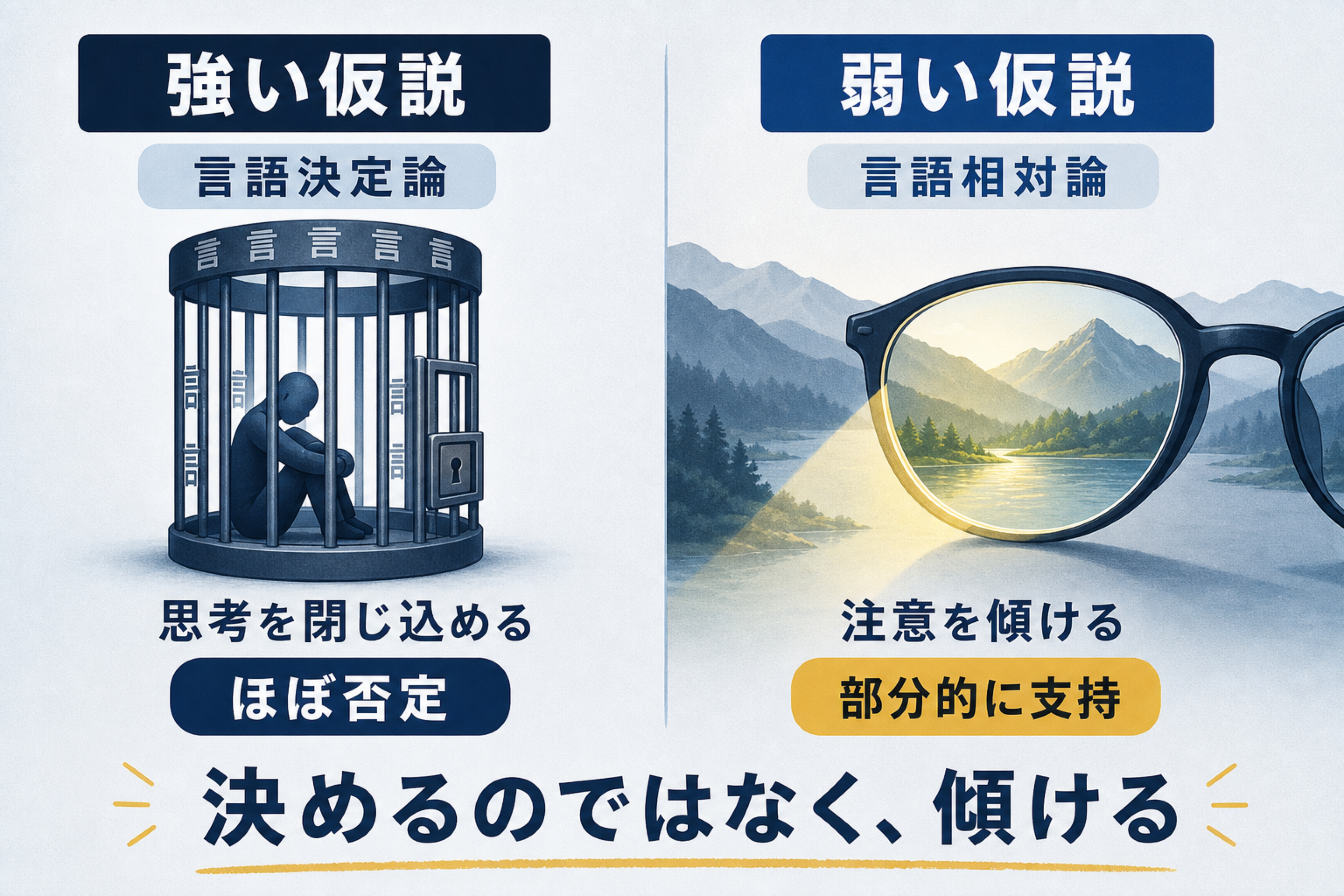 言語が思考を決める牢獄か、注意を傾けるレンズかを左右で対比した図