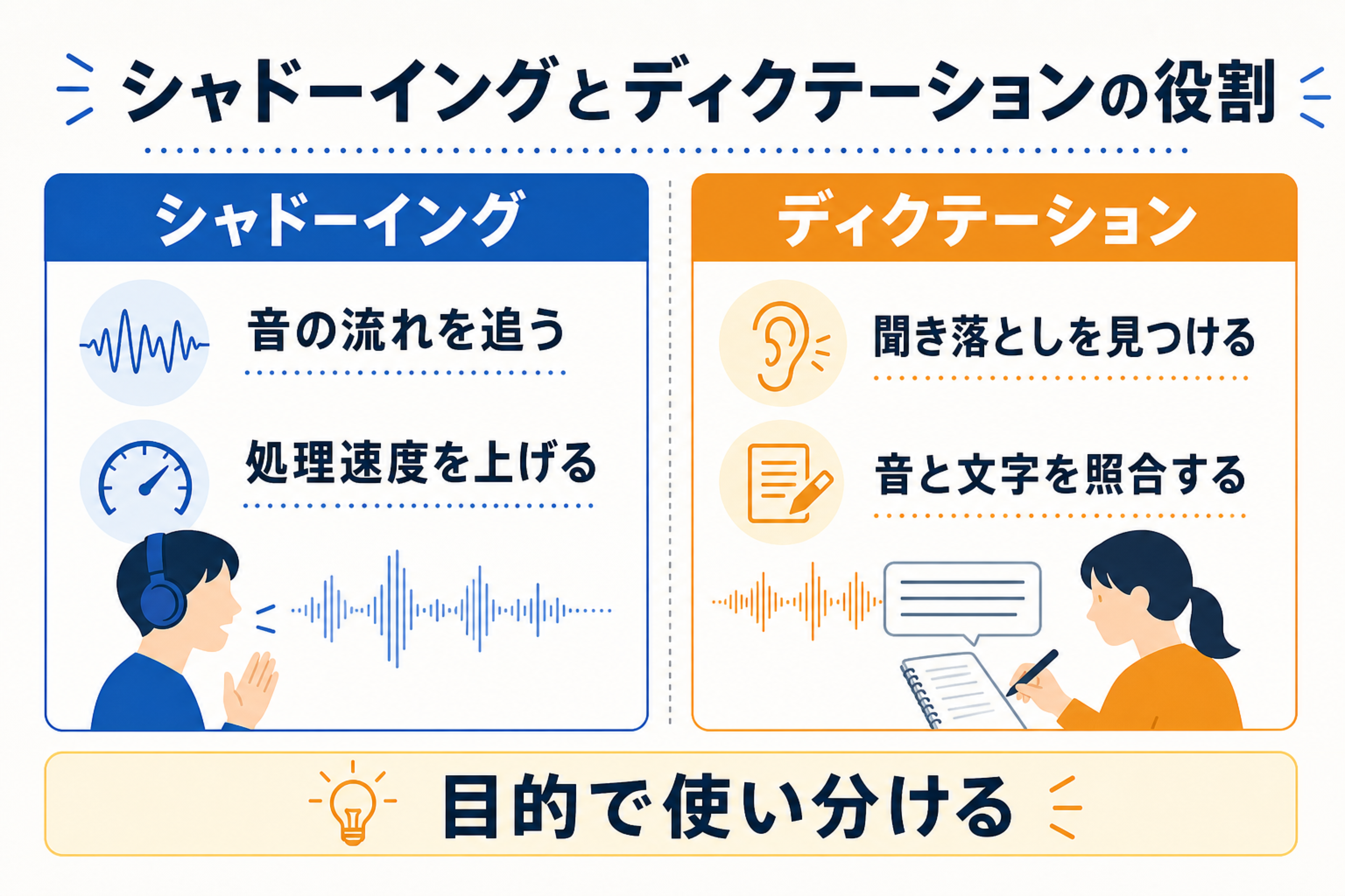 シャドーイングとディクテーションの役割分担を示す比較図