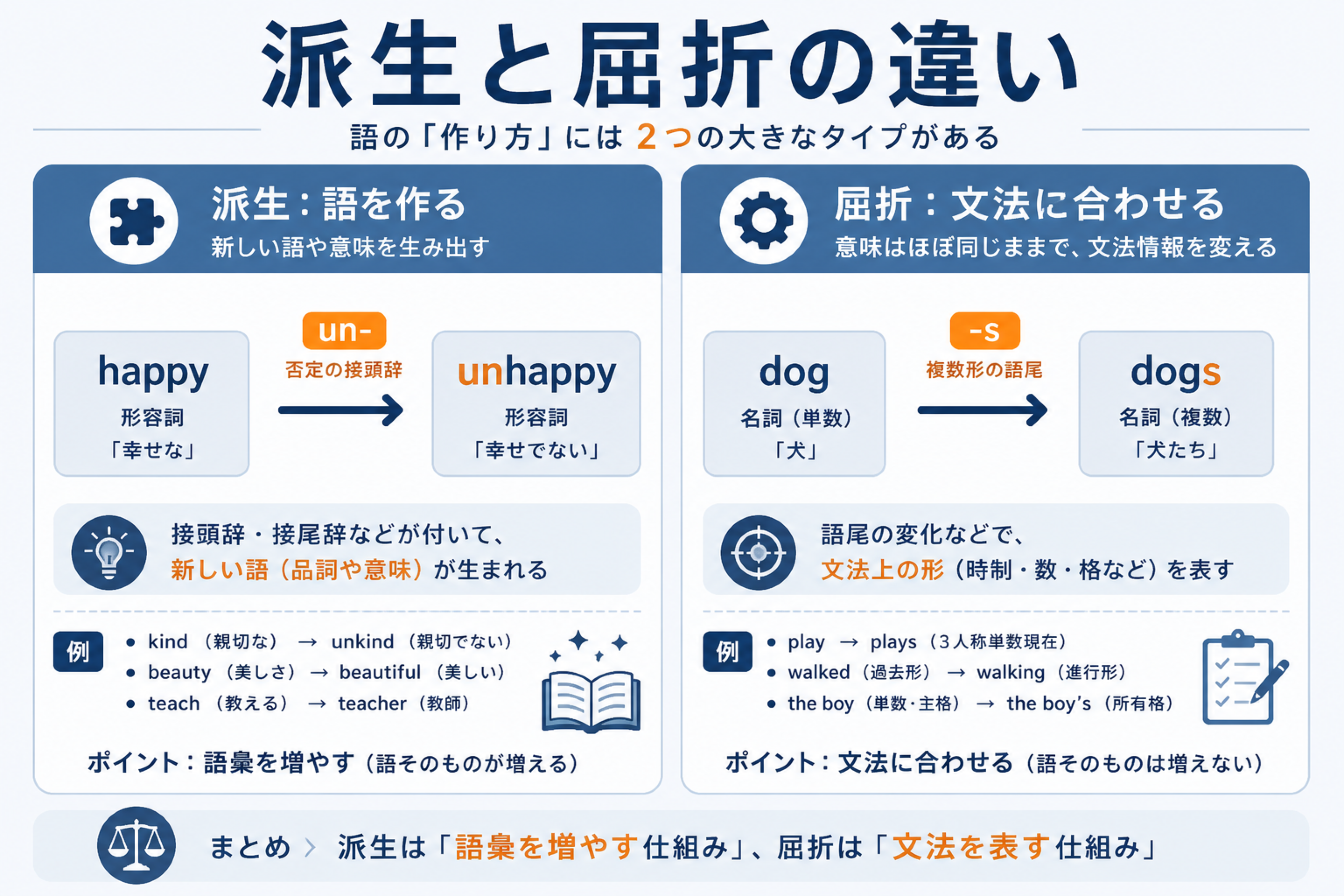 派生と屈折を説明するmorphology-un-prefixの本文図解