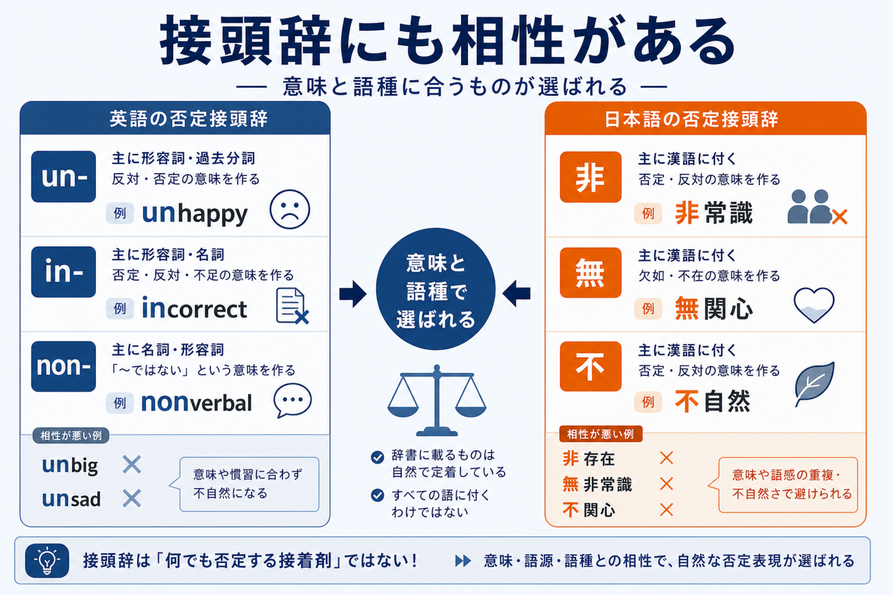 日本語の非/無/不との並行を説明するmorphology-un-prefixの本文図解