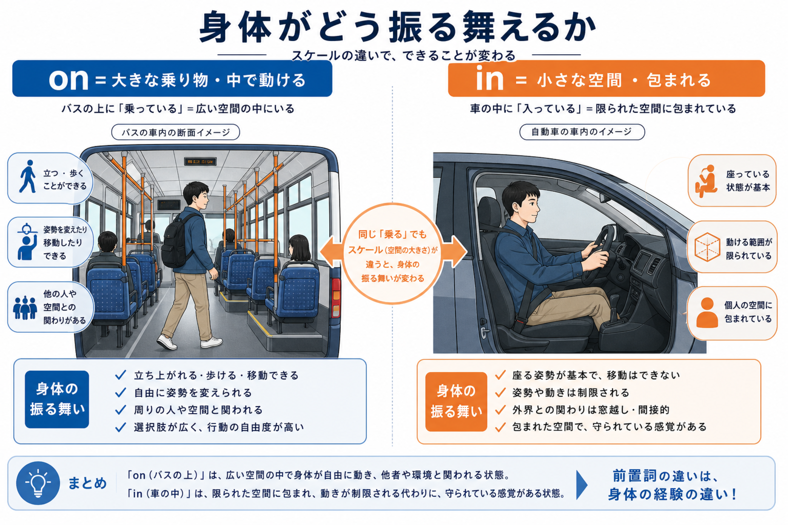 立って歩ける乗り物はon座って囲まれる乗り物はinになる身体スケールの図