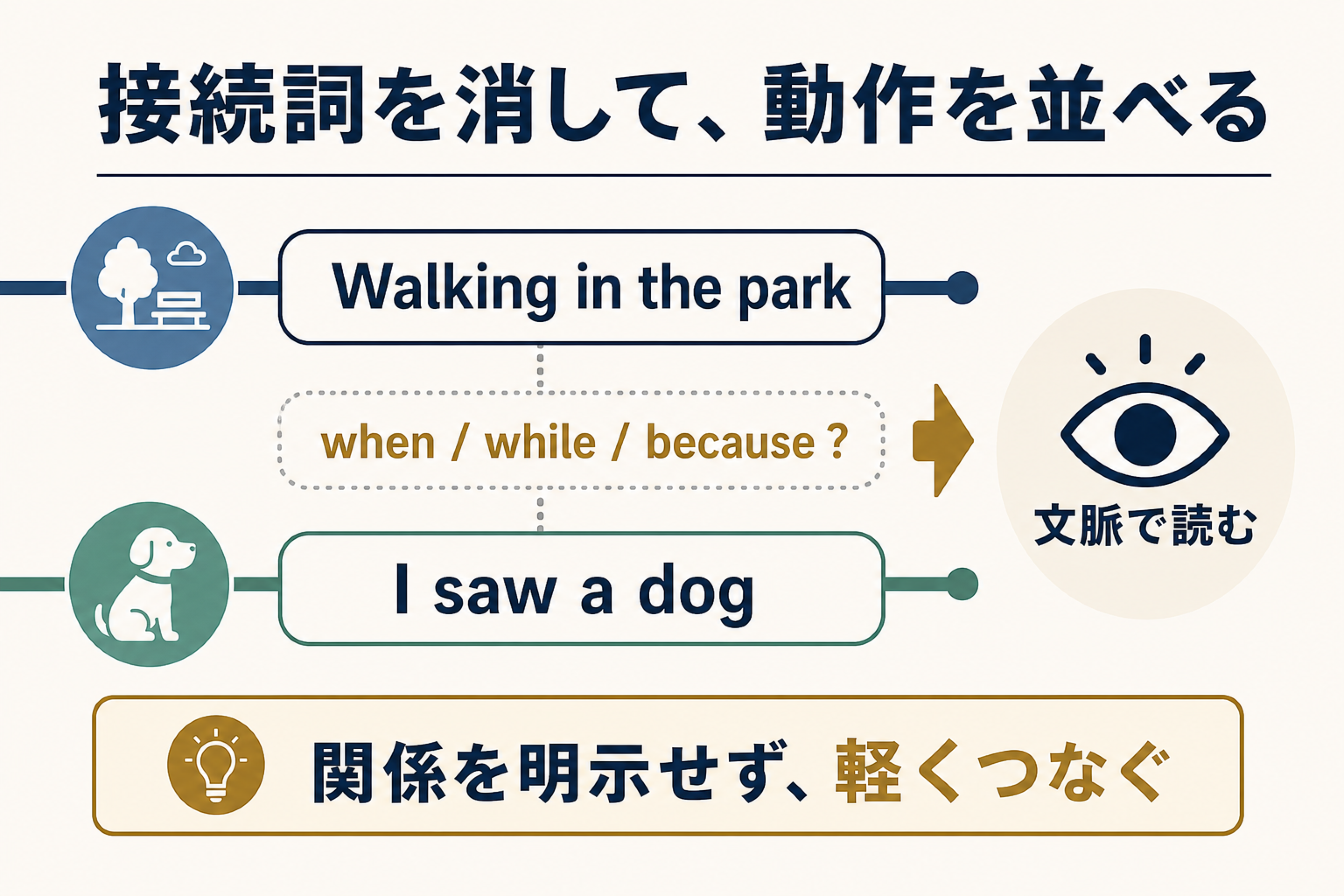 分詞構文の理解を助ける本文図解。分詞構文が主節と副次情報を並べる形だと示す