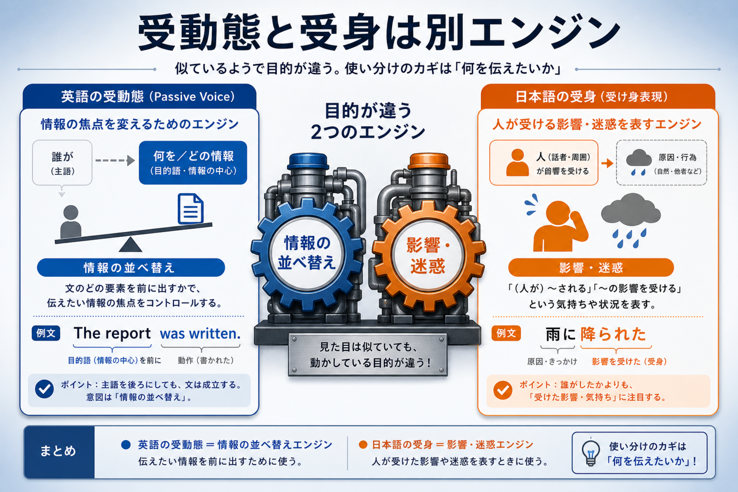 能動態と受動態で主語を入れ替える仕組みを示す図