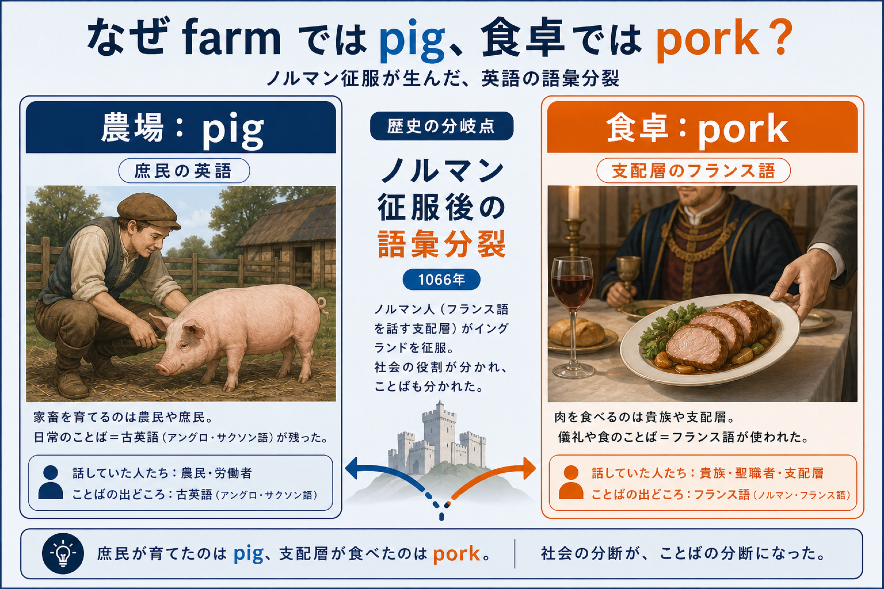 ノルマン征服と語彙の分裂を説明するpig-pork-norman-conquestの本文図解