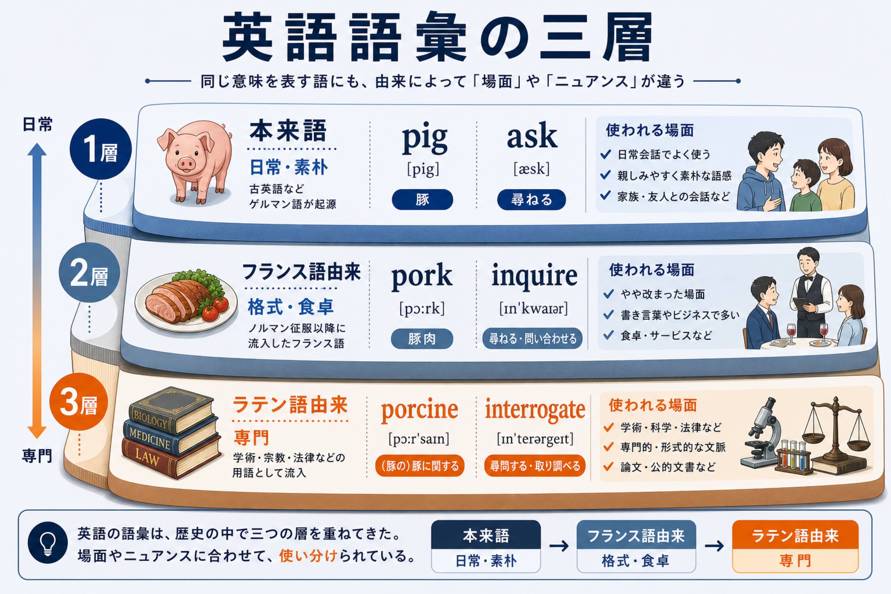 英語語彙の三層を説明するpig-pork-norman-conquestの本文図解