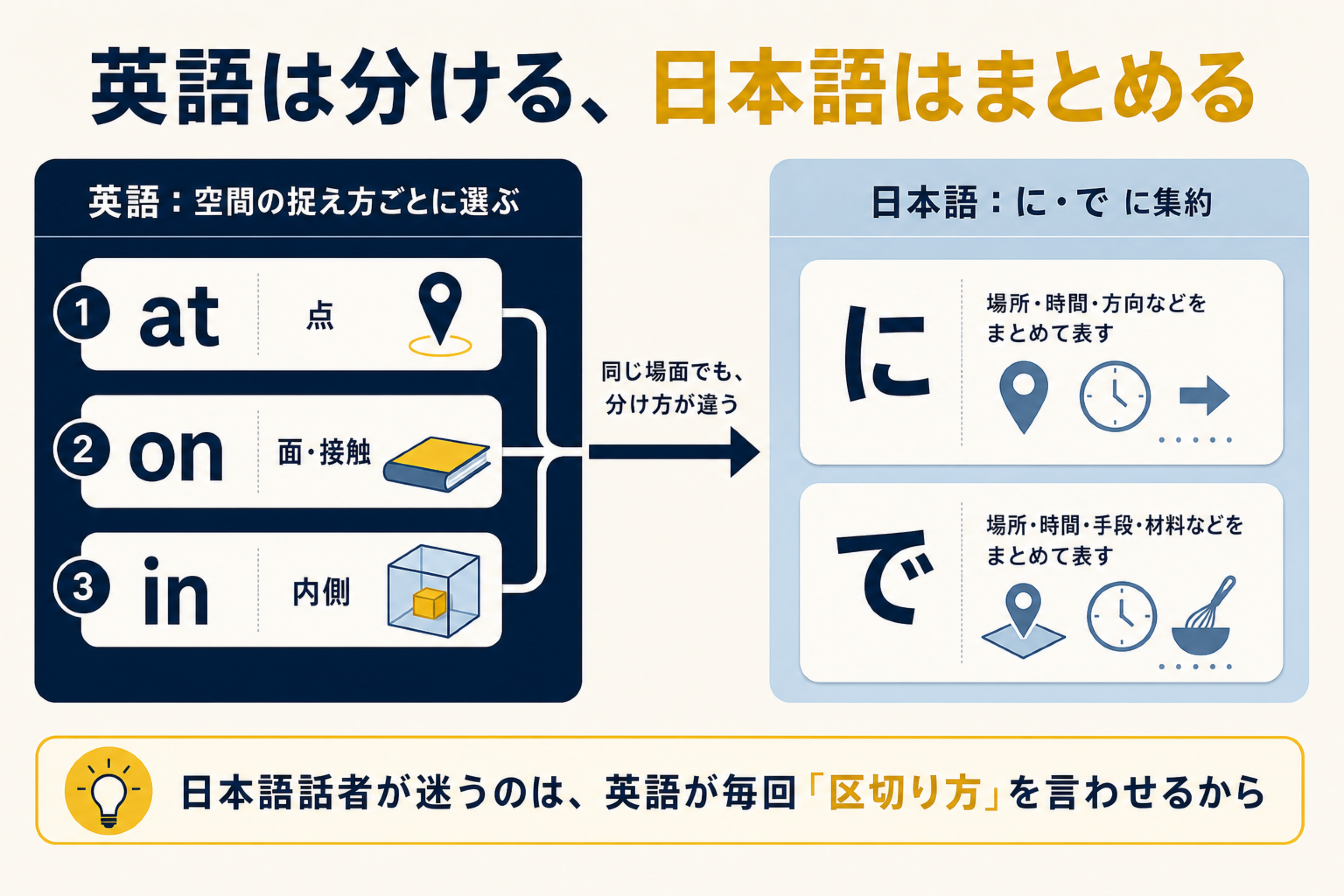 英語はat on inで分け日本語はに でに集約する図