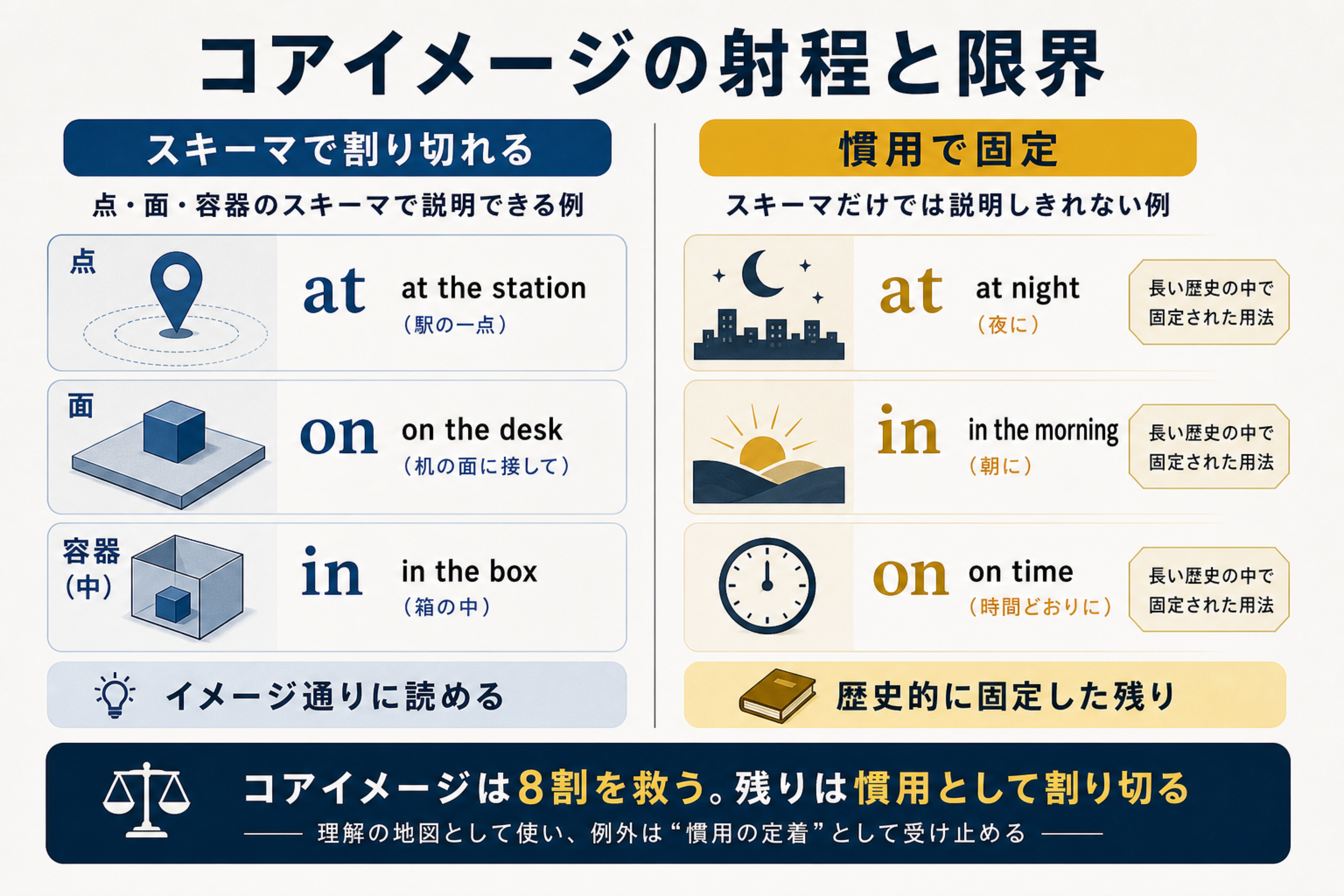 at on inのコアイメージで説明できる範囲と慣用表現の限界を示す図