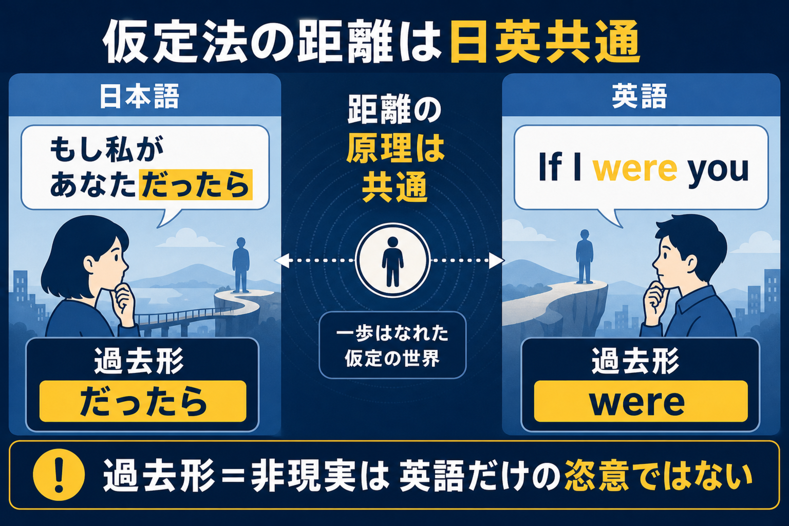仮定法過去の理解を助ける本文図解。日本語の「もし」と英語の過去形の違いを比較する