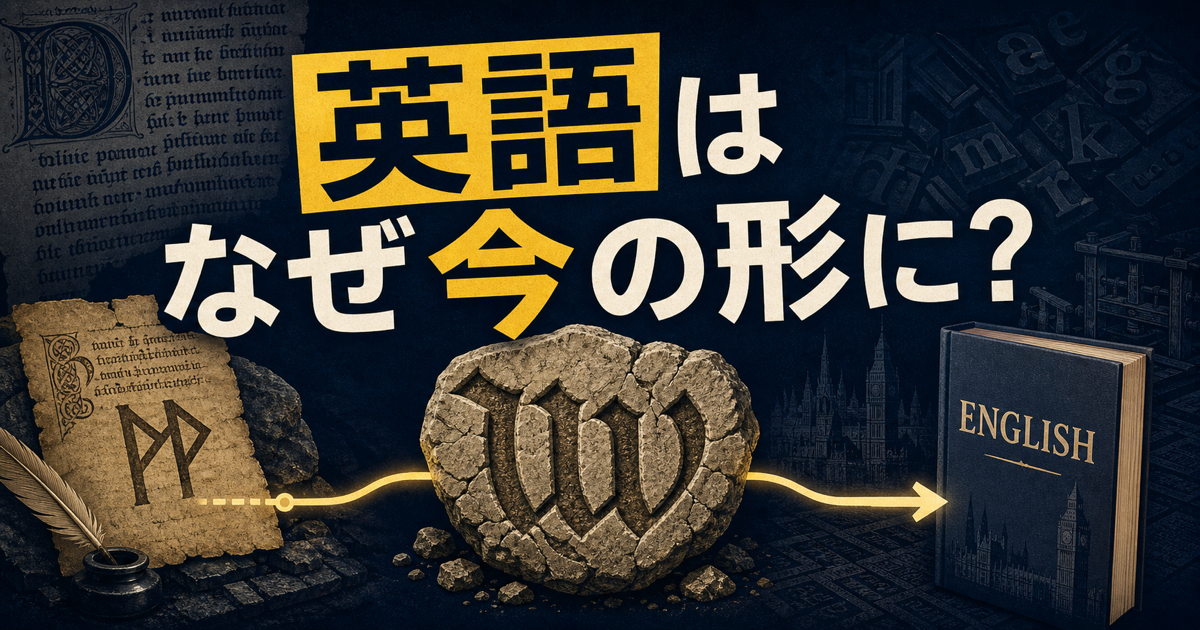 英語史の記事サムネイル。英語はなぜ今の形にという問いを歴史の巻物と年代軸で示す