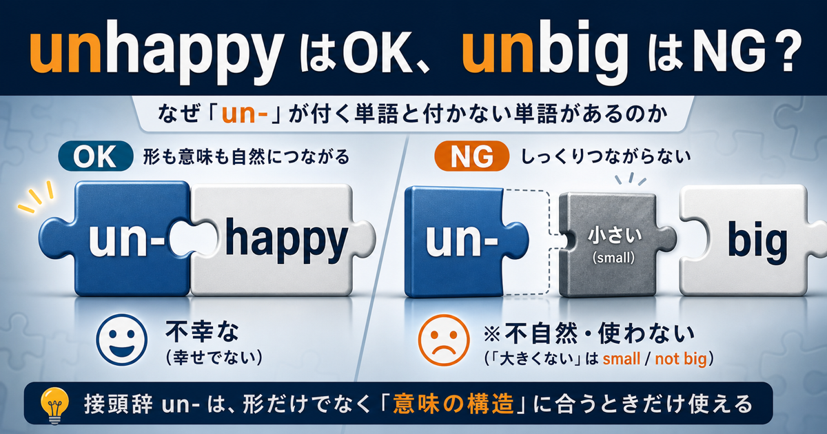 【なぜ】unhappyは言えてunbigは言えないのかを示すサムネイル