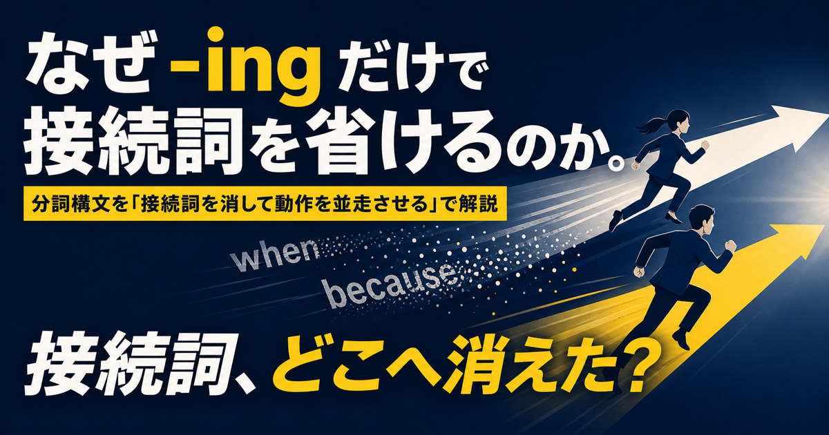 -ingだけでなぜ接続詞を省けるのかのサムネイル。二つの節が主語を共有し、片方が-ing句へ圧縮される仕組みを示す4パネル図。