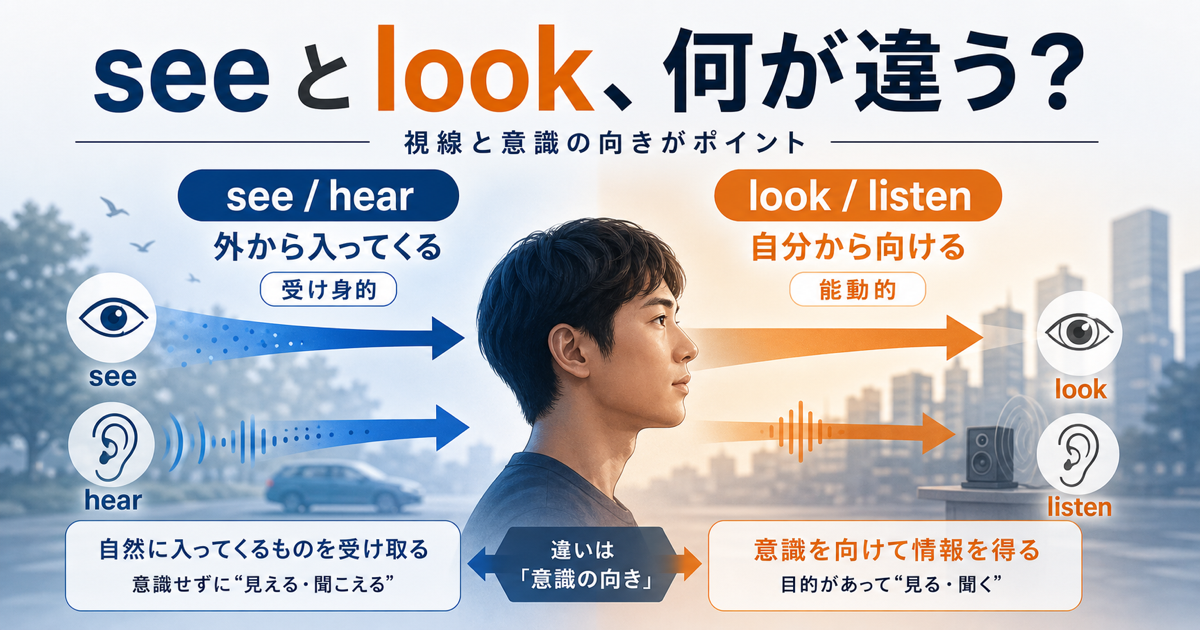 【違い】seeとlook、hearとlistenは何が違うのかを示すサムネイル