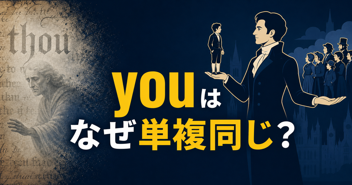youはなぜ単数も複数も同じなのかのサムネイル。thouとyouの分岐、丁寧表現によるyouの拡大、現代の文脈補完を4パネルで示す図。
