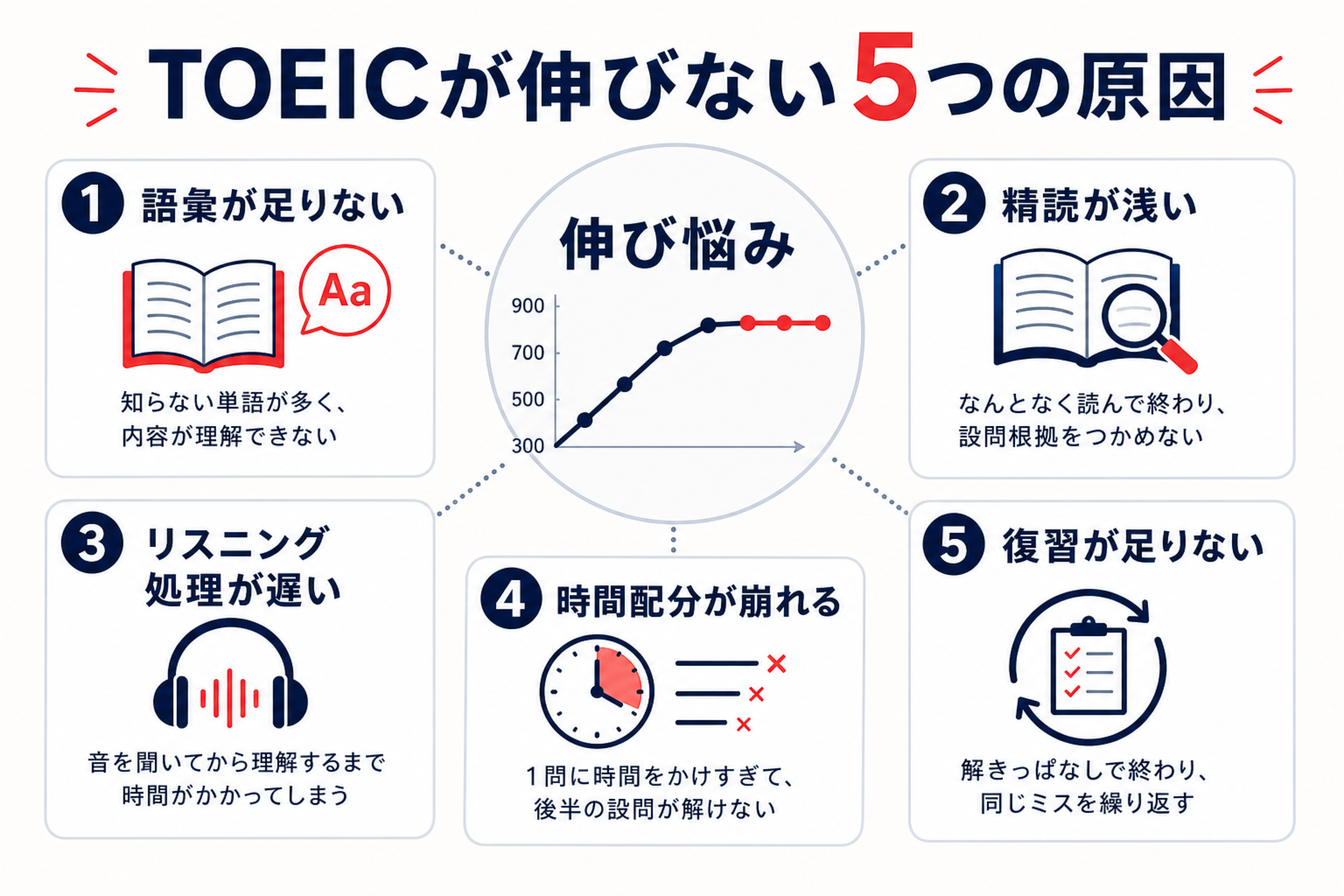 TOEICが伸びない原因を5領域に分解した概念図