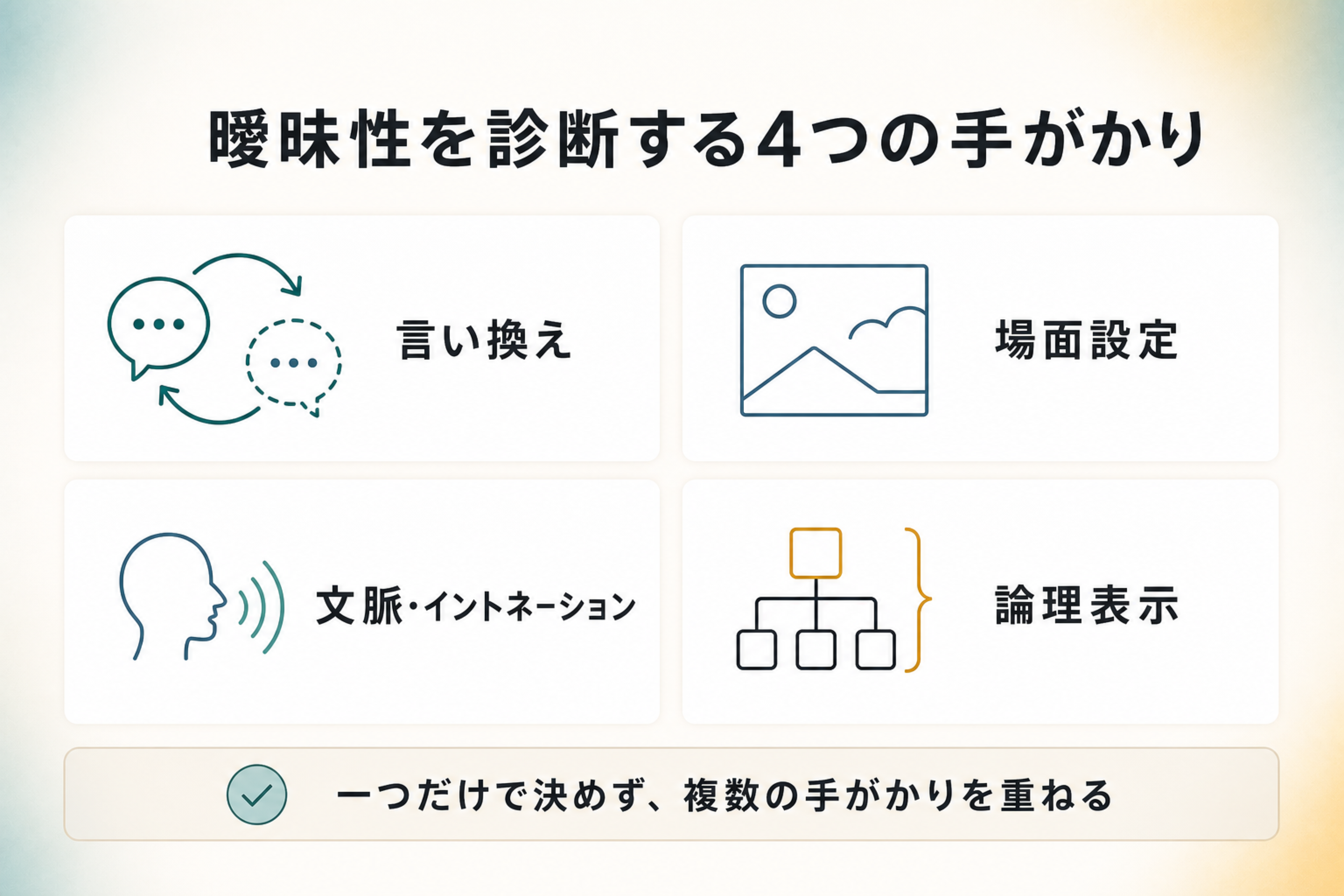 曖昧性を診断する言い換え、場面設定、文脈とイントネーション、論理表示の四手段