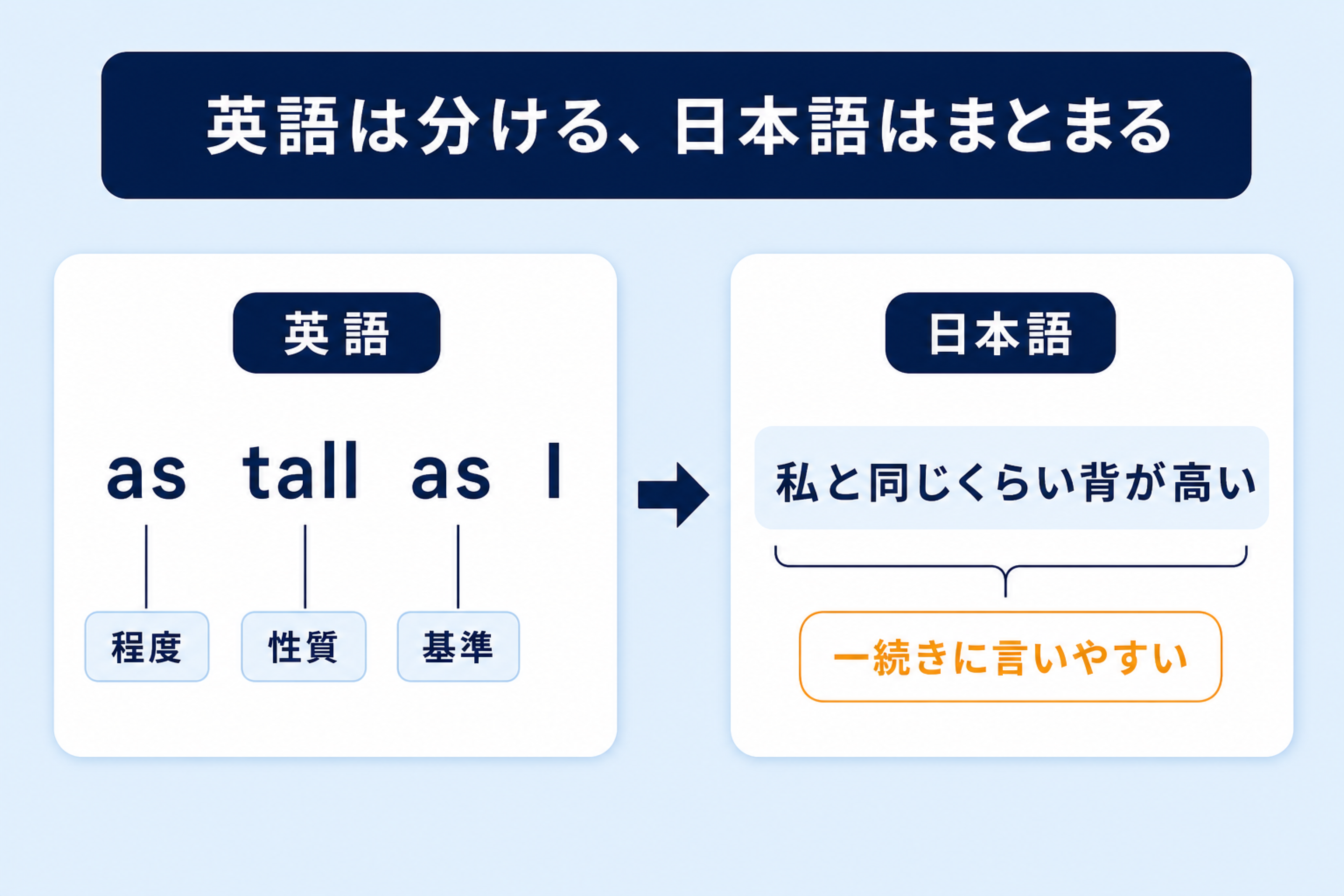 英語が程度のasと基準のasを形容詞の両側に分け、日本語が私と同じくらい背が高いと一続きに言う対比図
