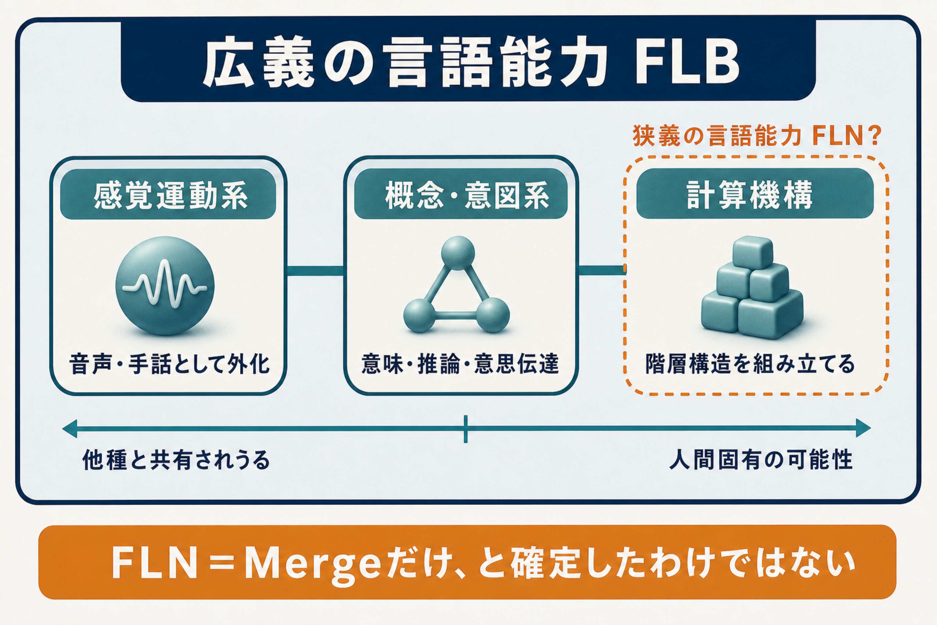 広義の言語能力FLBの中に感覚運動、概念意図、計算機構を置き、狭義の言語能力FLNの境界が論争中であることを示す図