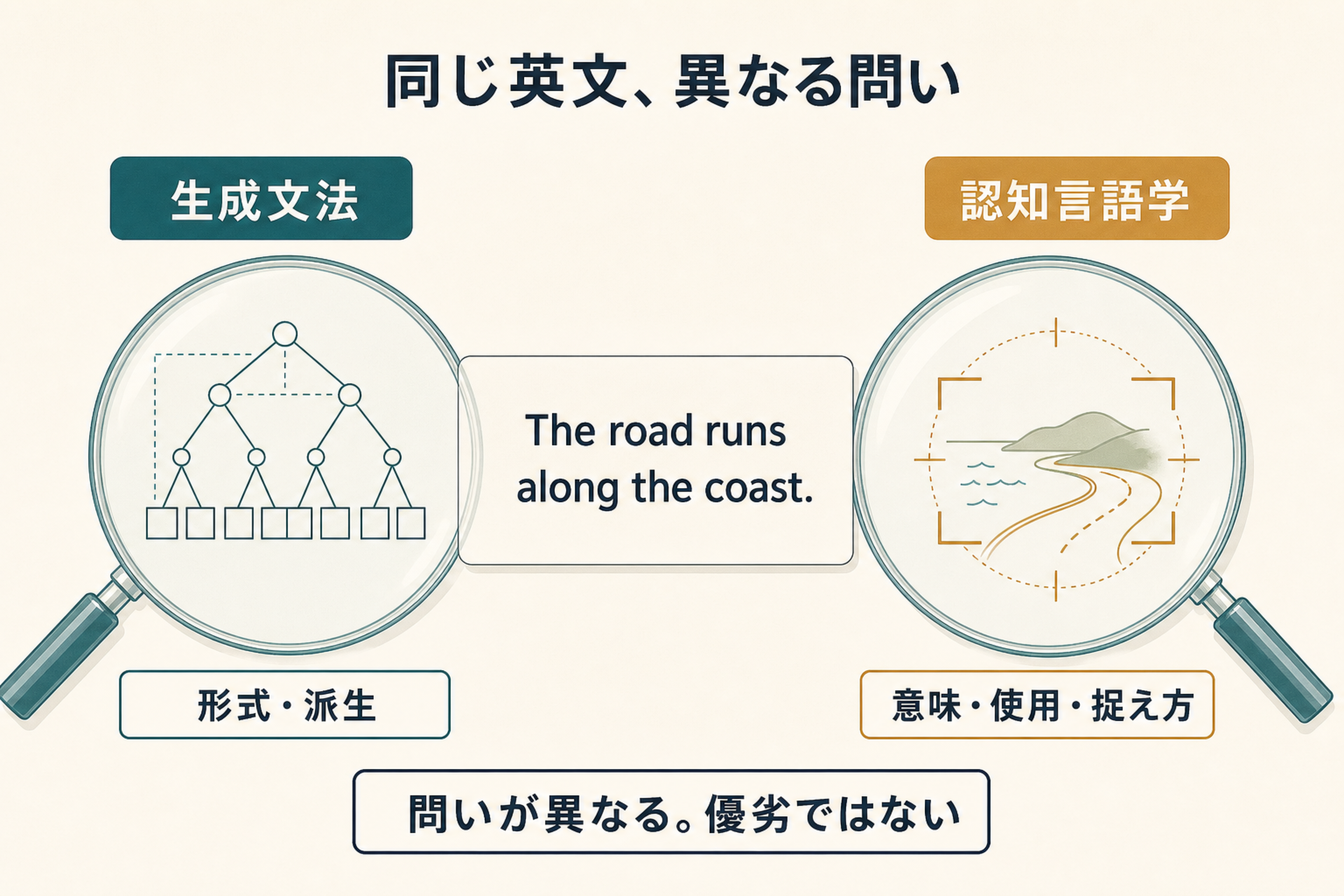 同じ英文を生成文法と認知言語学が異なる問いで見る比較図