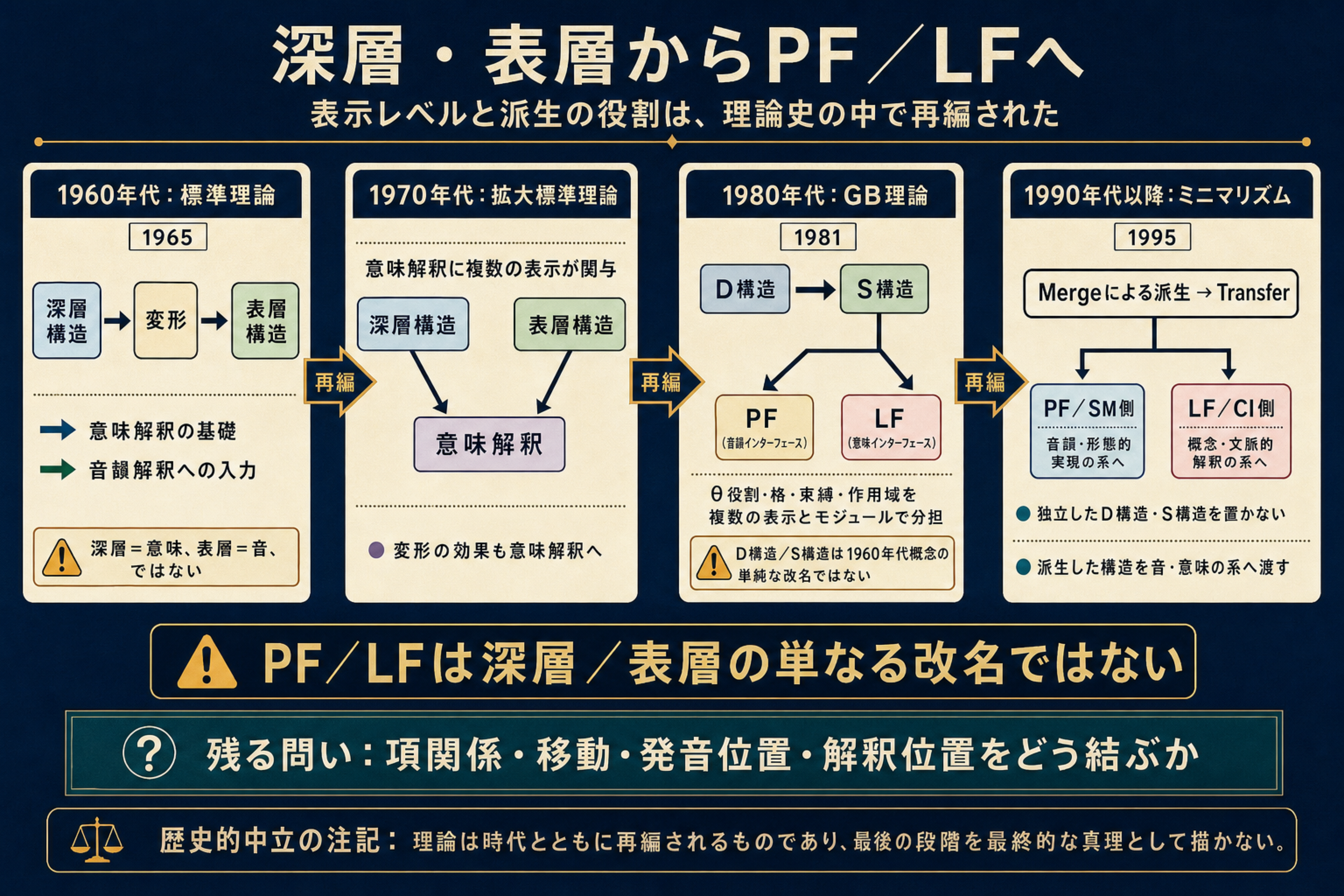 標準理論の深層表層構造からGB理論とミニマリズムへの変化を示す図