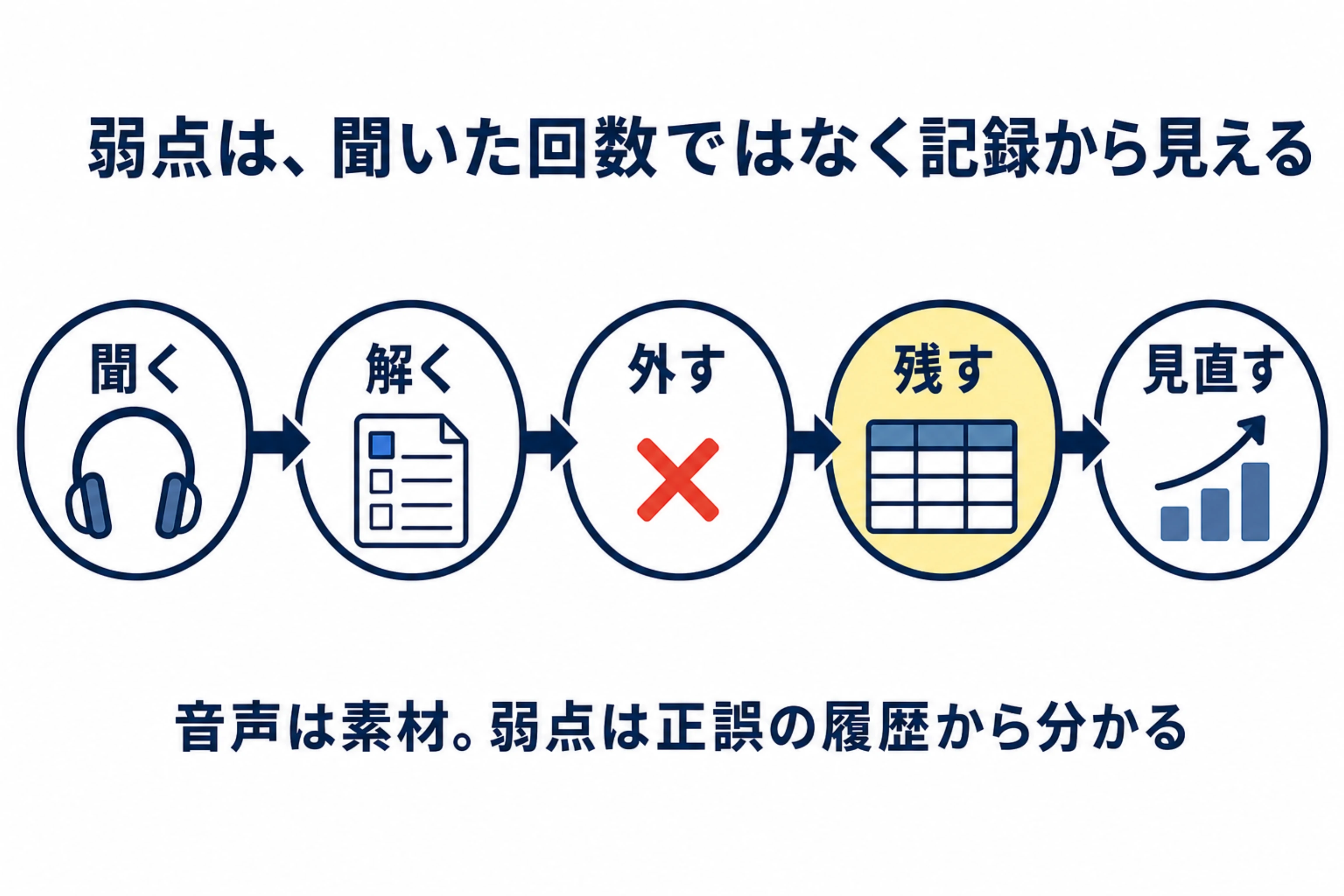 聞く、解く、外す、残す、見直すの順で、英検の弱点を正誤の記録から見つける流れを示す図