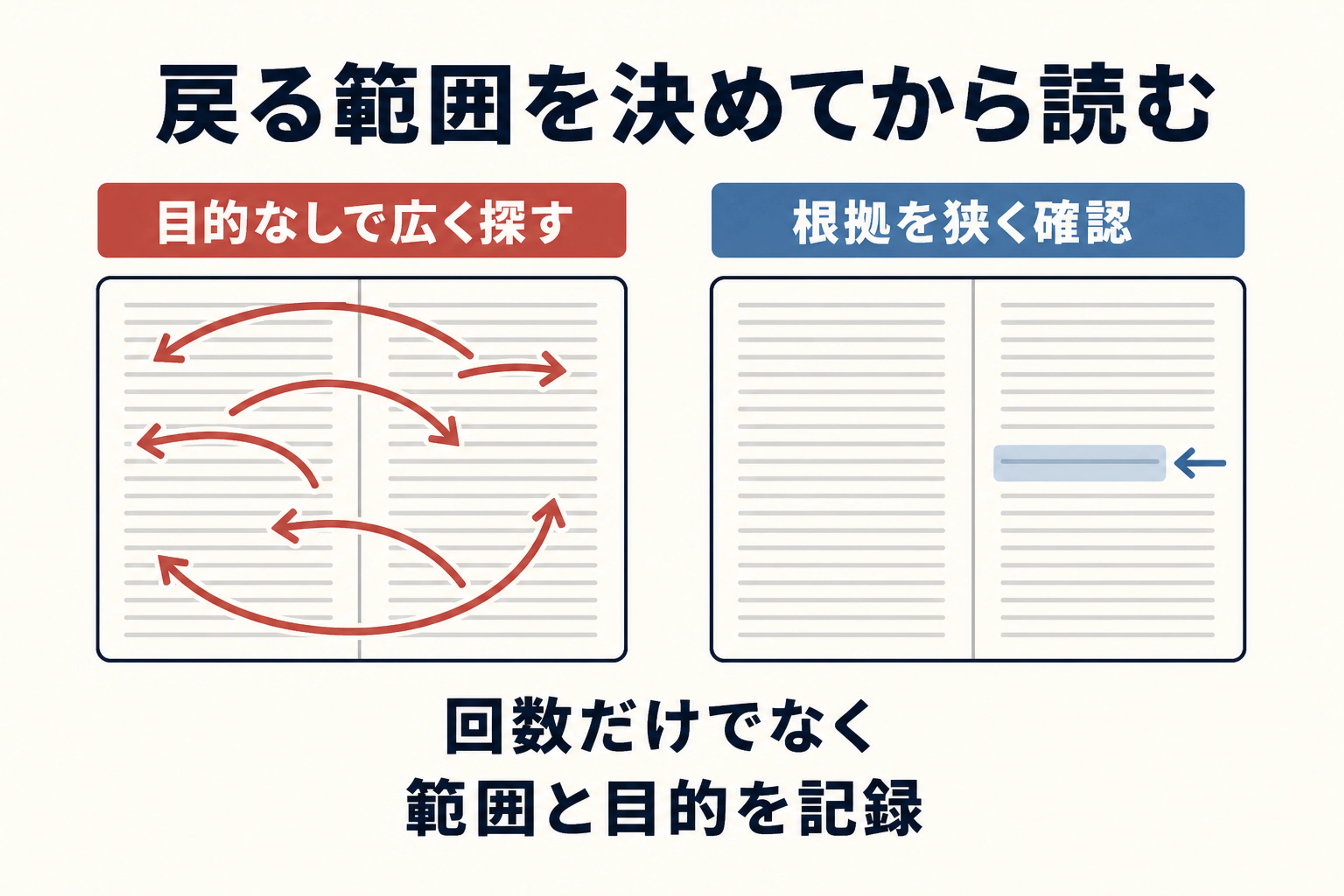 本文全体を広く探す読み直しと、根拠を狭く確認する読み直しを比較する図