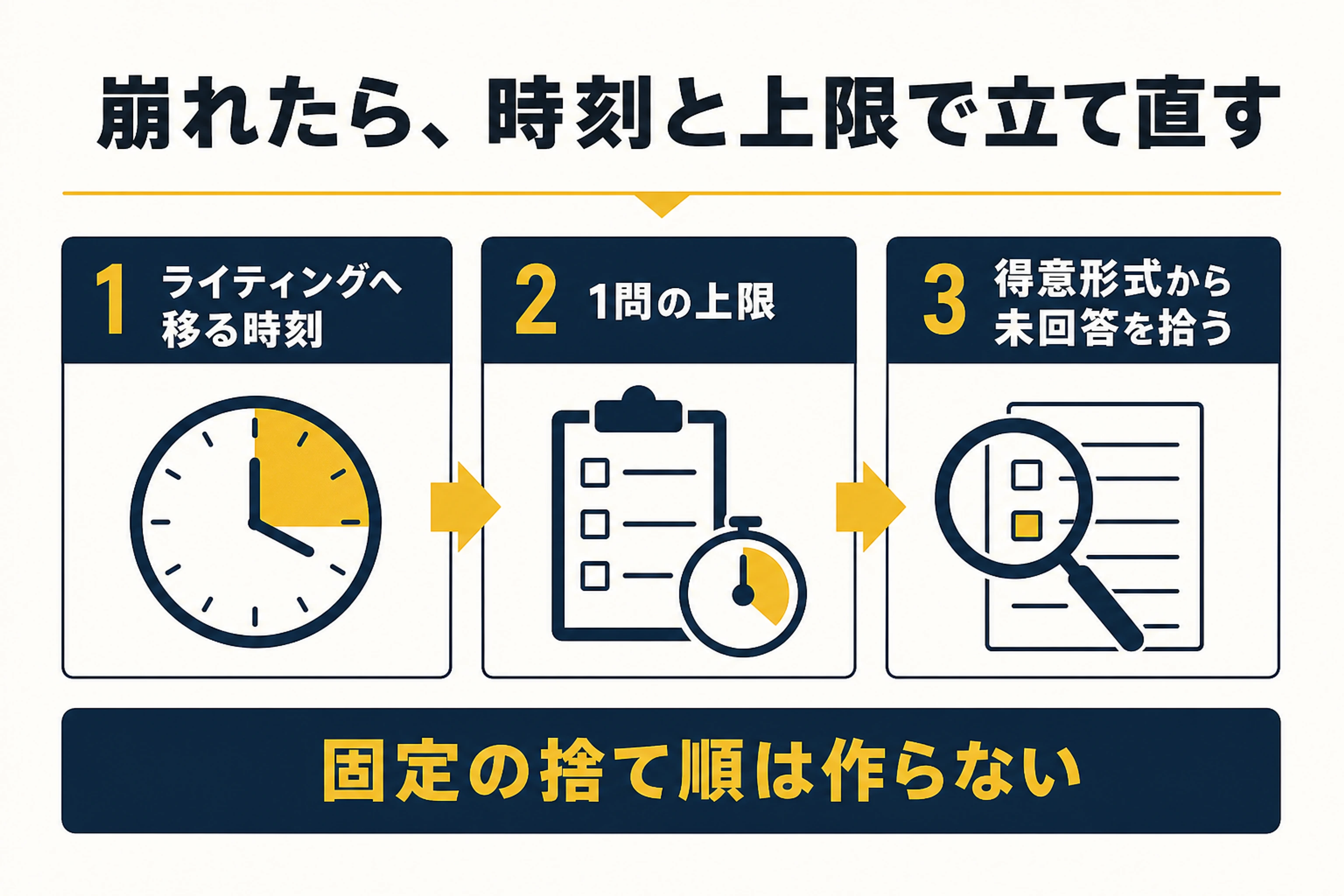 英検の時間配分が崩れたとき、ライティングへ移る時刻と1問の上限で立て直す図