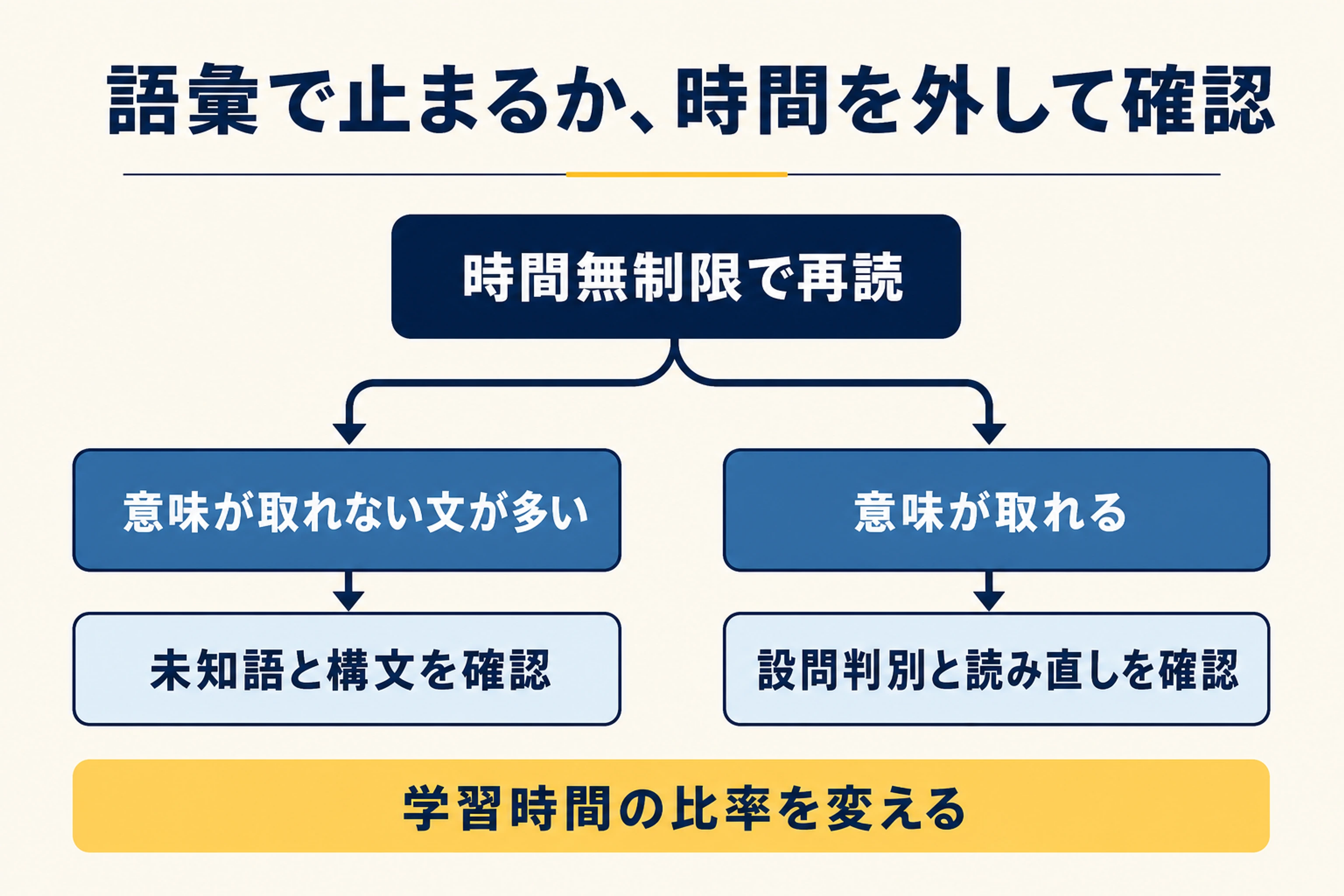 時間制限なしで再読し、意味が取れるかによって語彙・構文と設問判別・読み直しへ分ける図