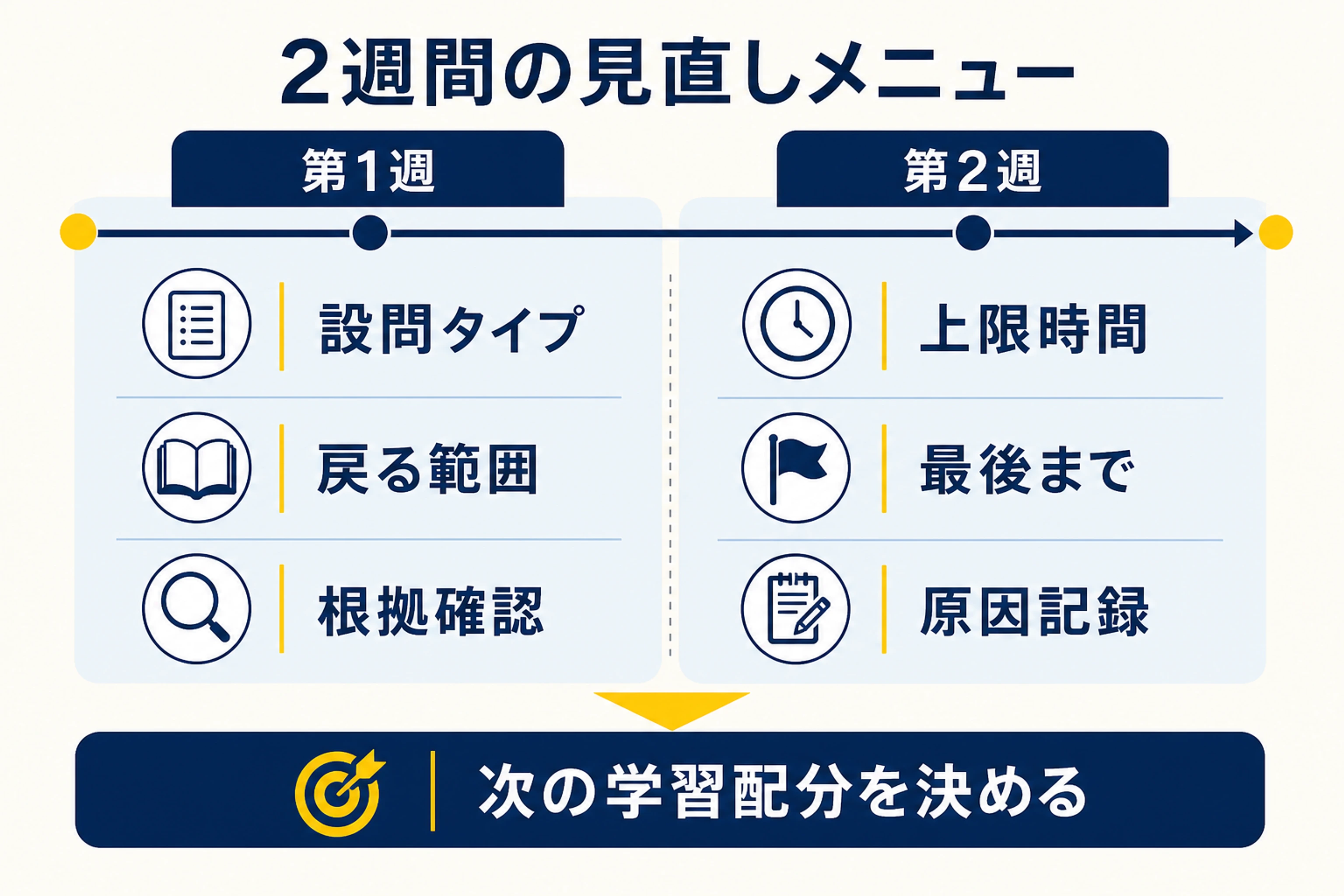 第1週に設問タイプと戻る範囲、第2週に上限時間と原因記録を確認する2週間メニュー