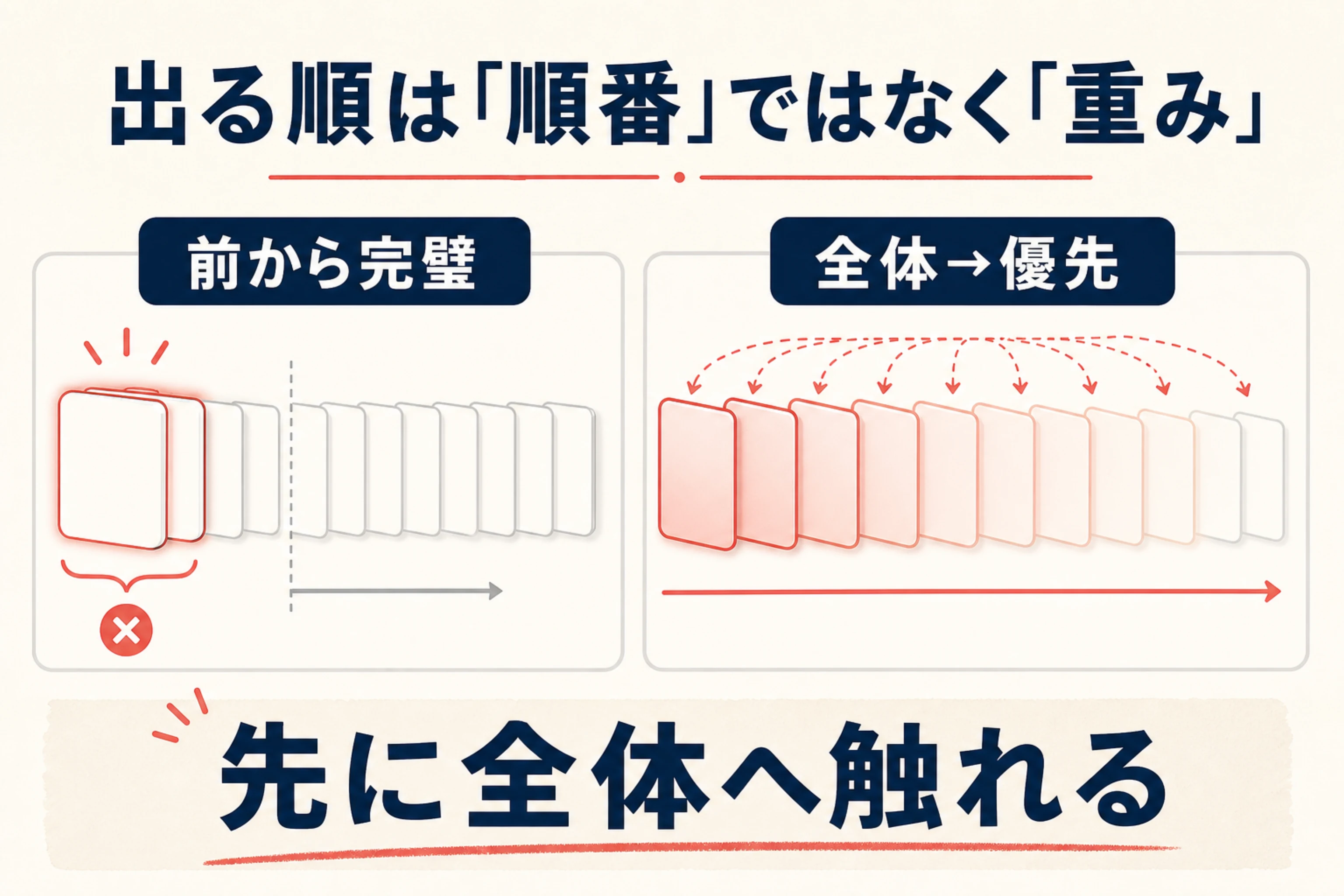 パス単の出る順を前から完璧にする順番ではなく全体の優先度として使う違いを示す図