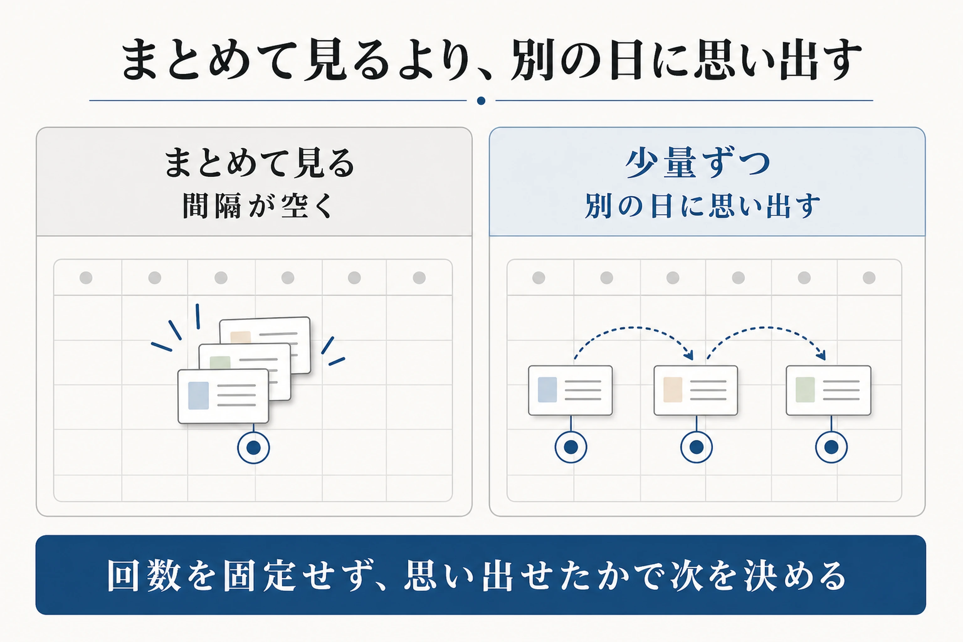 まとめて見る復習と、別の日に少量ずつ思い出す復習を比較した図