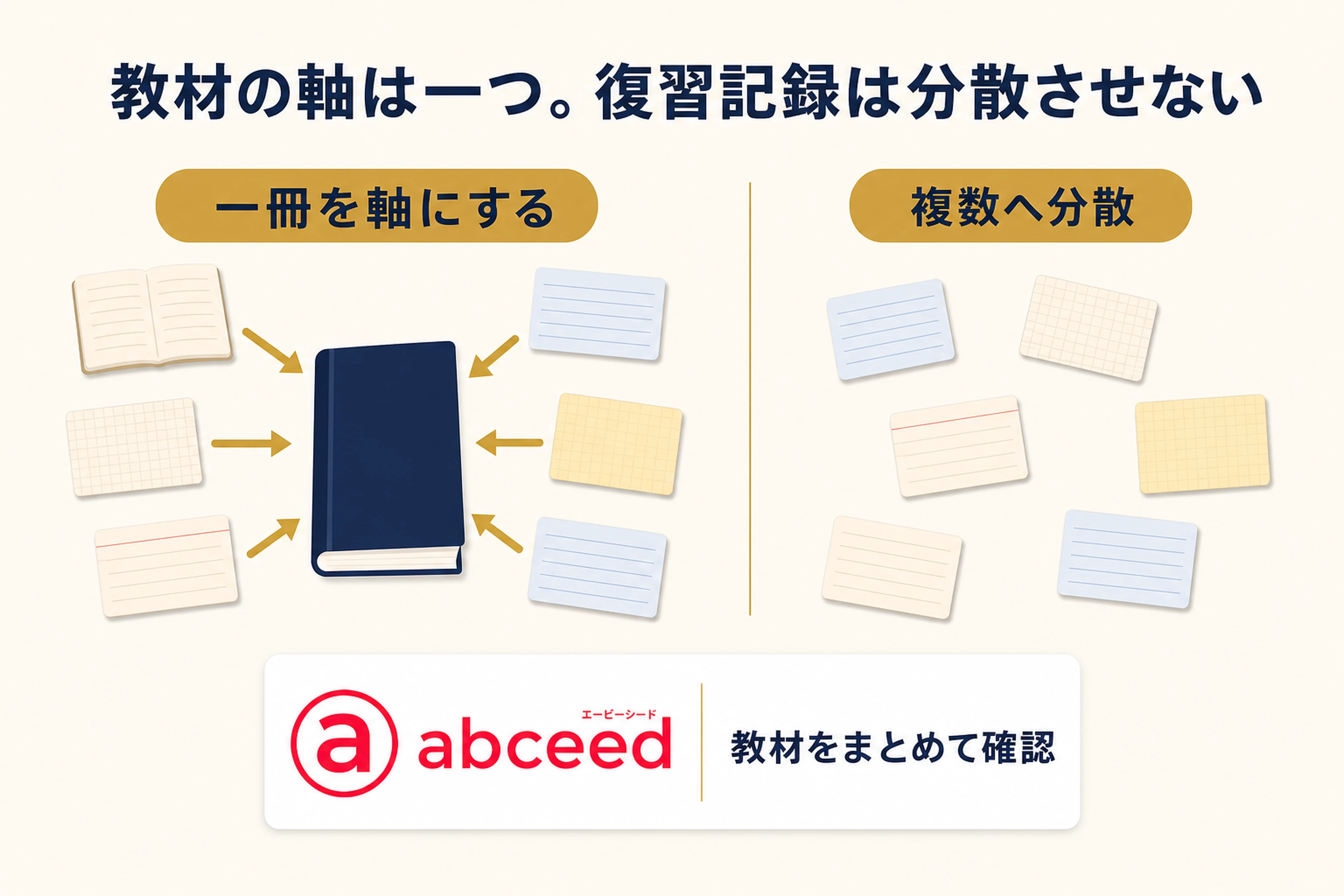 一冊に復習記録を集約する場合と複数へ分散する場合を比較し、abceedで教材確認する選択肢を示す図