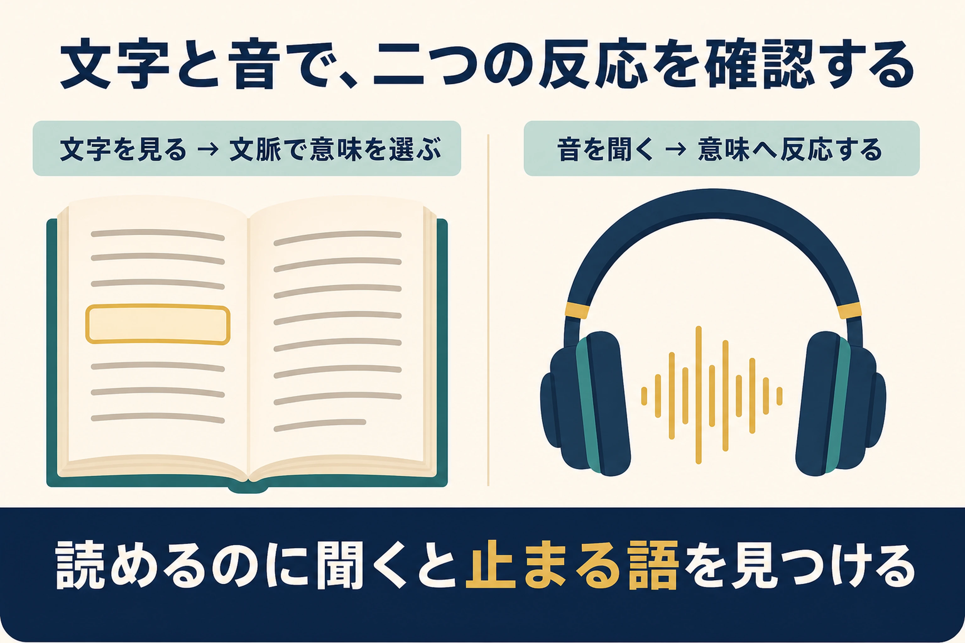 文字から文脈で意味を選ぶ反応と、音から意味へ反応する処理を比較した図