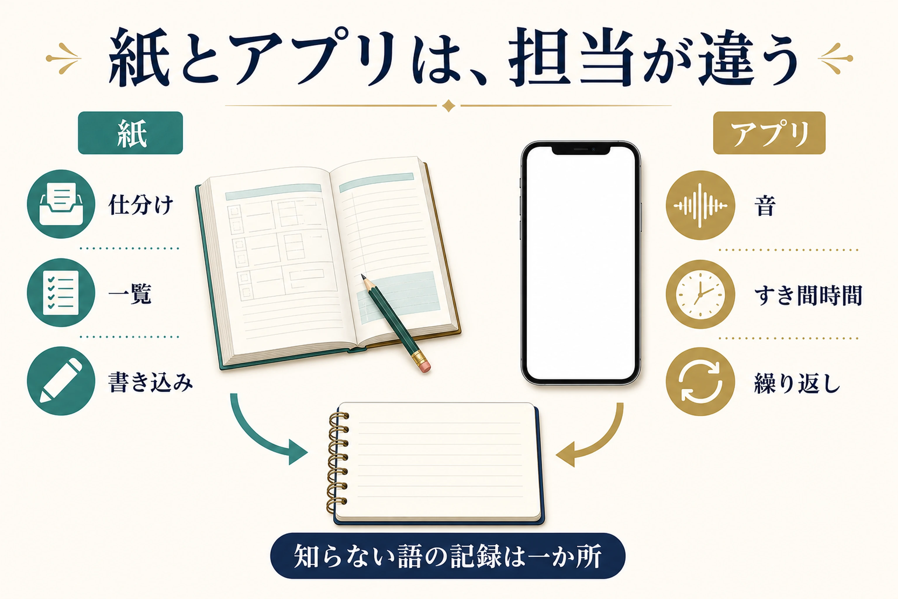 紙は仕分けや書き込み、アプリは音や繰り返しに向くと役割を分けた図