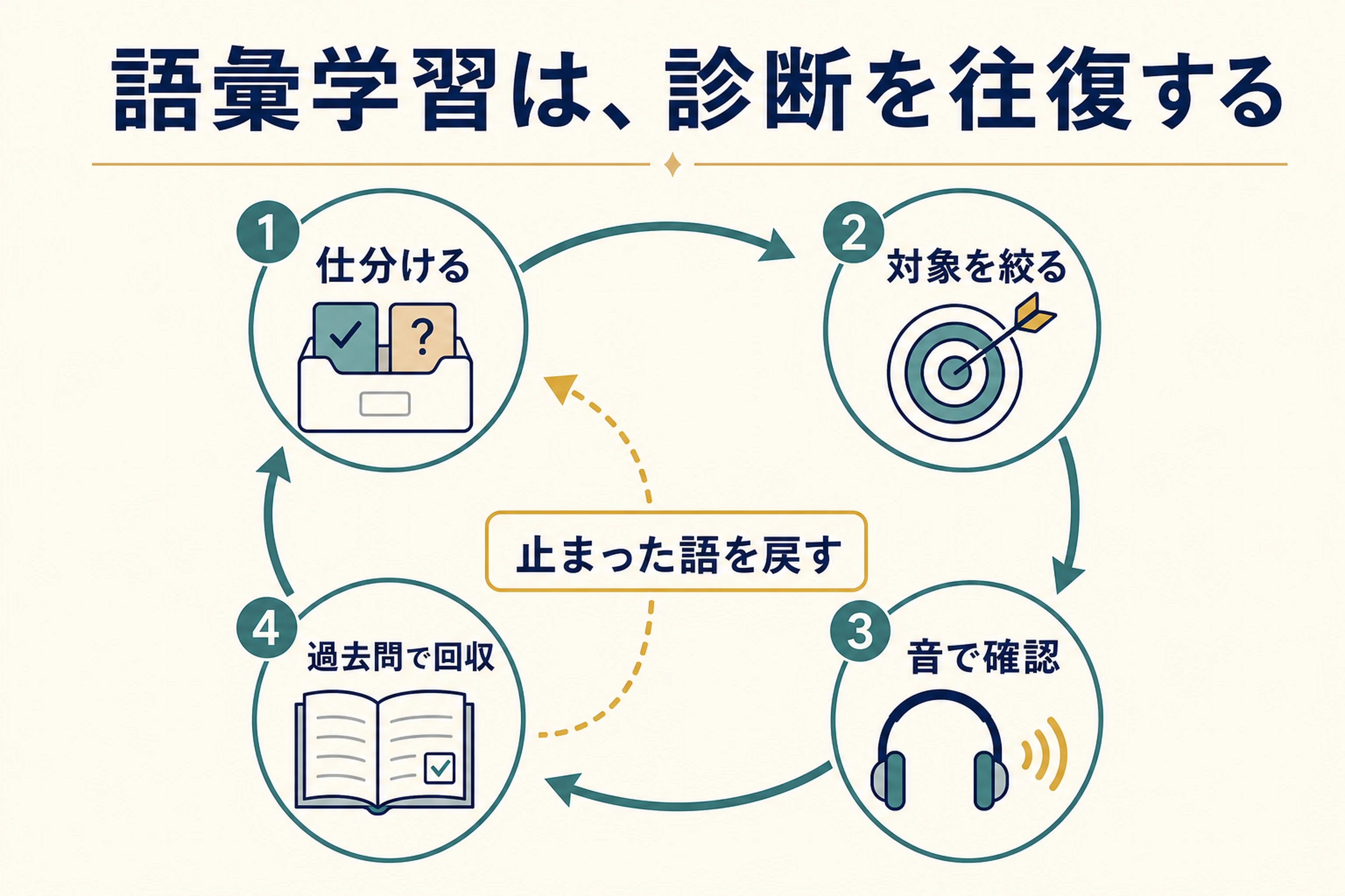英検語彙を仕分け、対象を絞り、音で確認し、過去問で回収する循環図