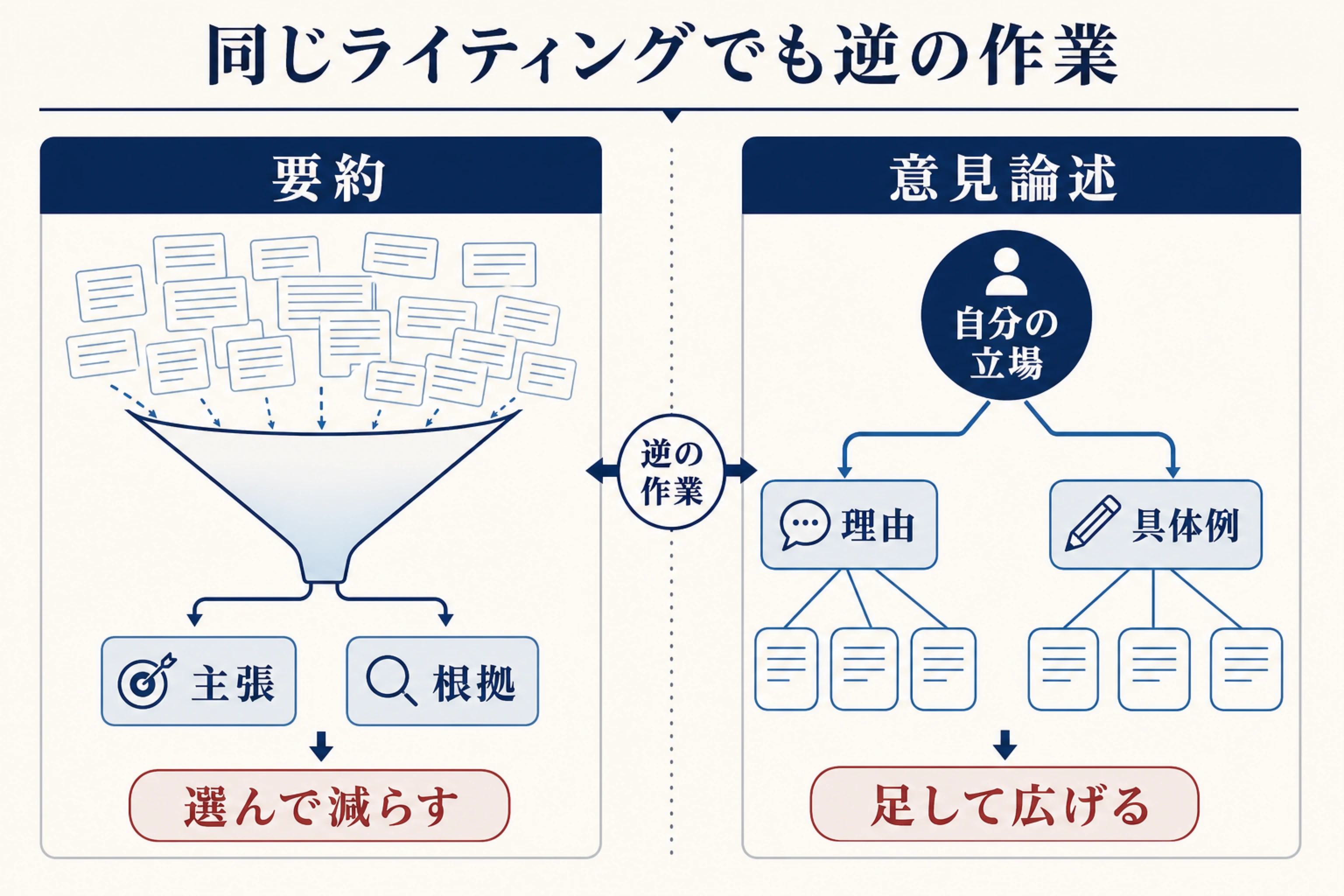 要約は与えられた情報を主張と根拠へ絞り、意見論述は自分の立場から理由と具体例へ広げる違いを示す図