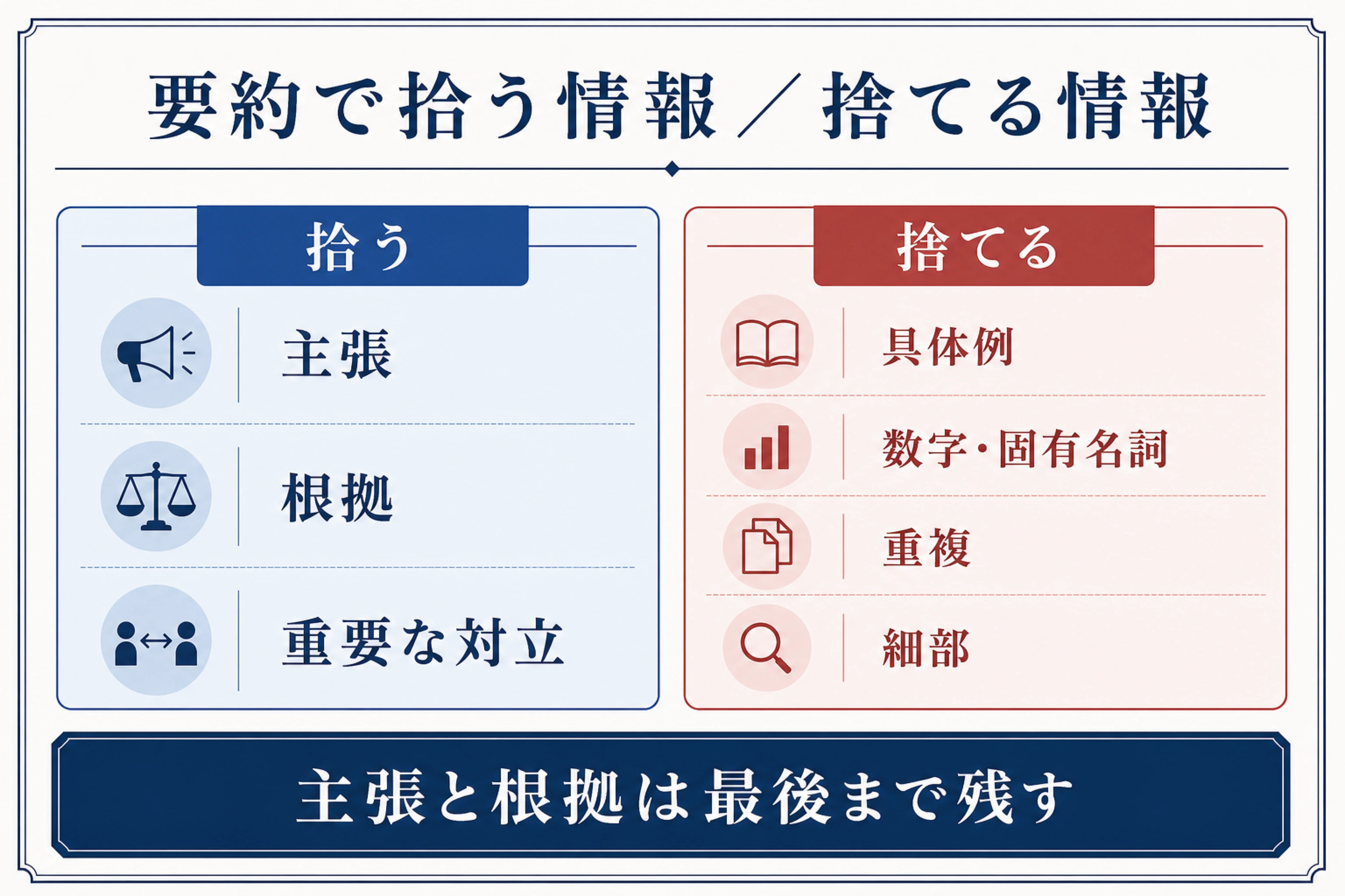 要約で主張、根拠、重要な対立を拾い、具体例、数字や固有名詞、重複、細部を捨てる基準を示す図
