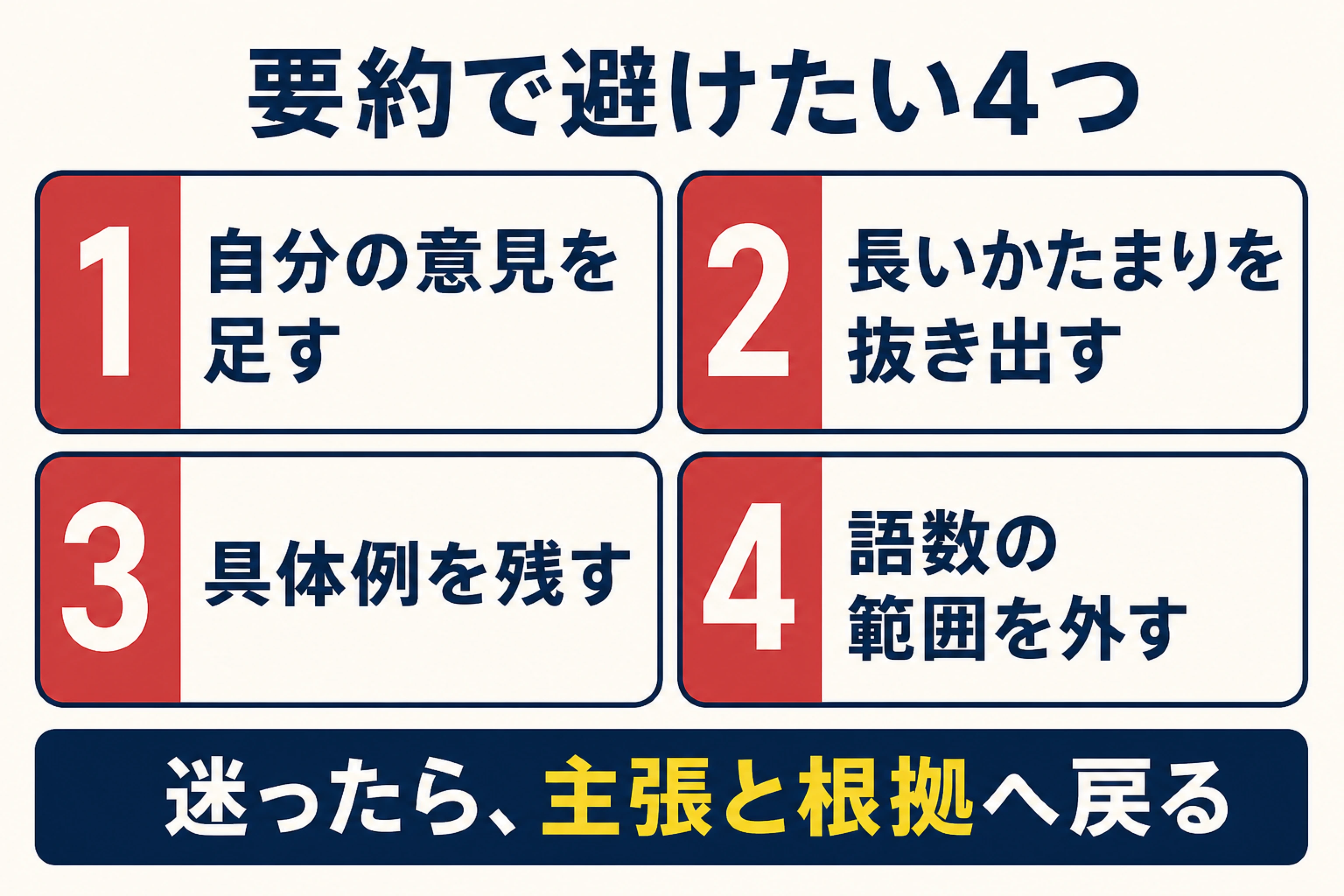 自分の意見を足す、長いかたまりを抜き出す、具体例を残す、語数の範囲を外すという要約の4つの失敗を示す図