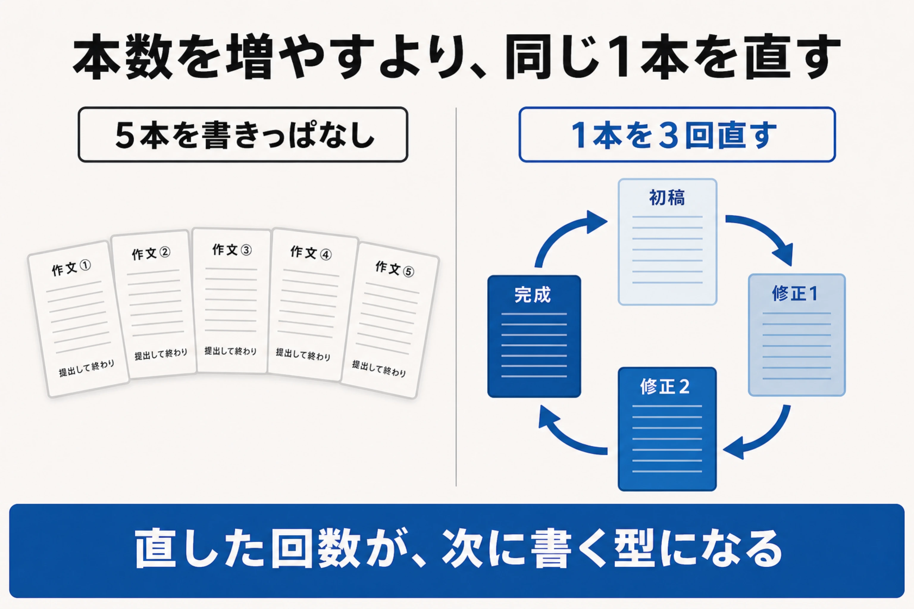 5本を書きっぱなしにする場合と、1本を3回直す場合を比較した図