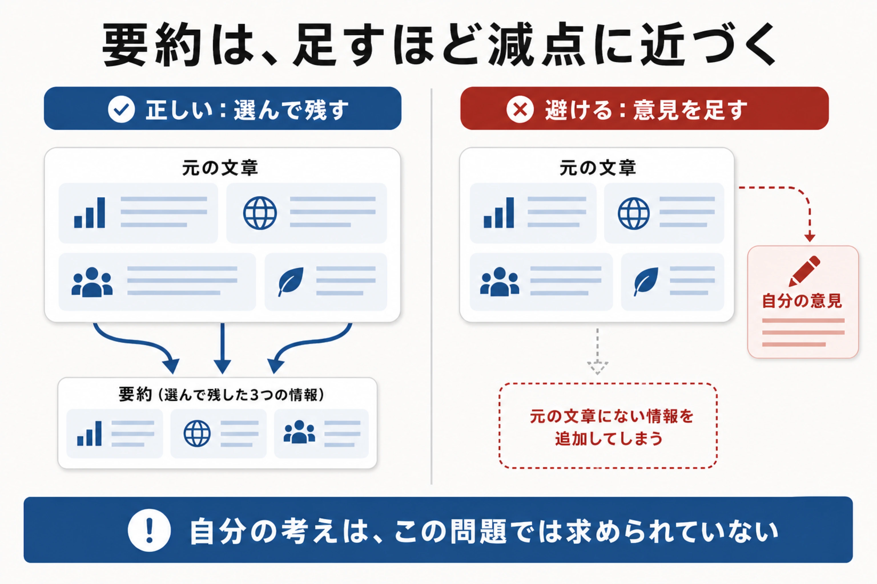 要約では元の文章から必要な情報を選び、自分の意見を足さないと示す図