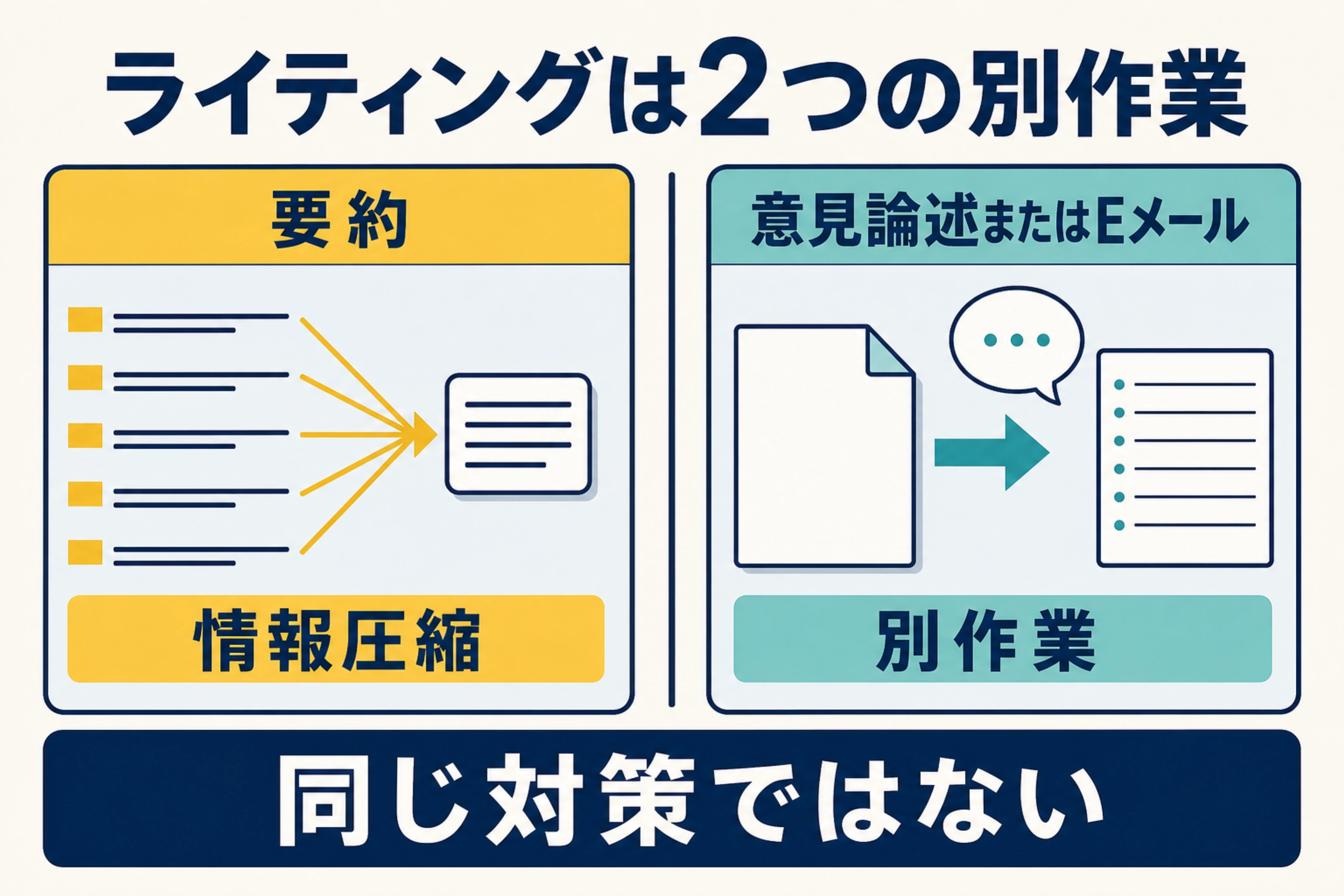 英検ライティングの要約と意見論述またはEメールが別の作業であることを示す対比図