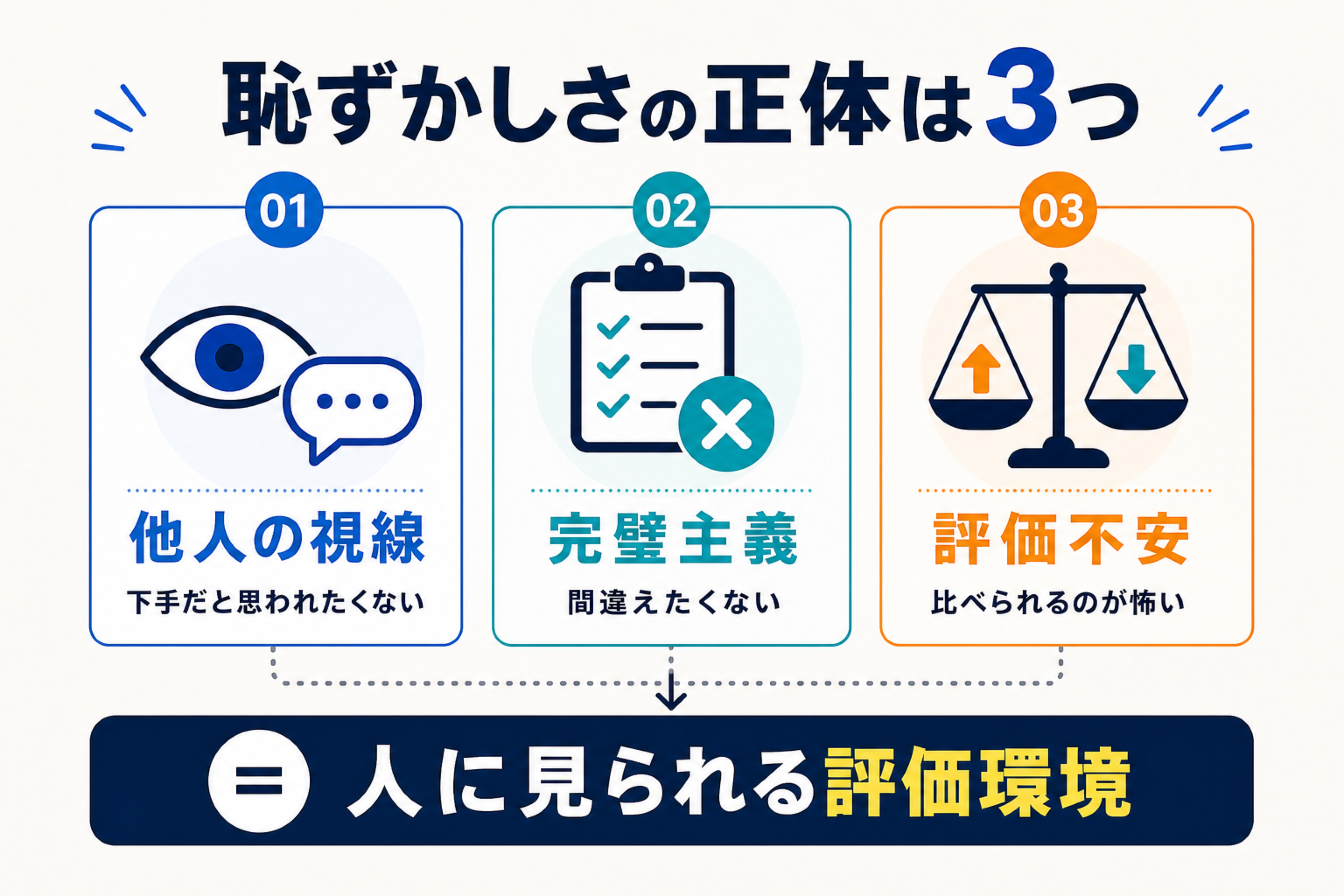 英語を話す恥ずかしさの原因を他人の視線・完璧主義・評価不安に分けた図