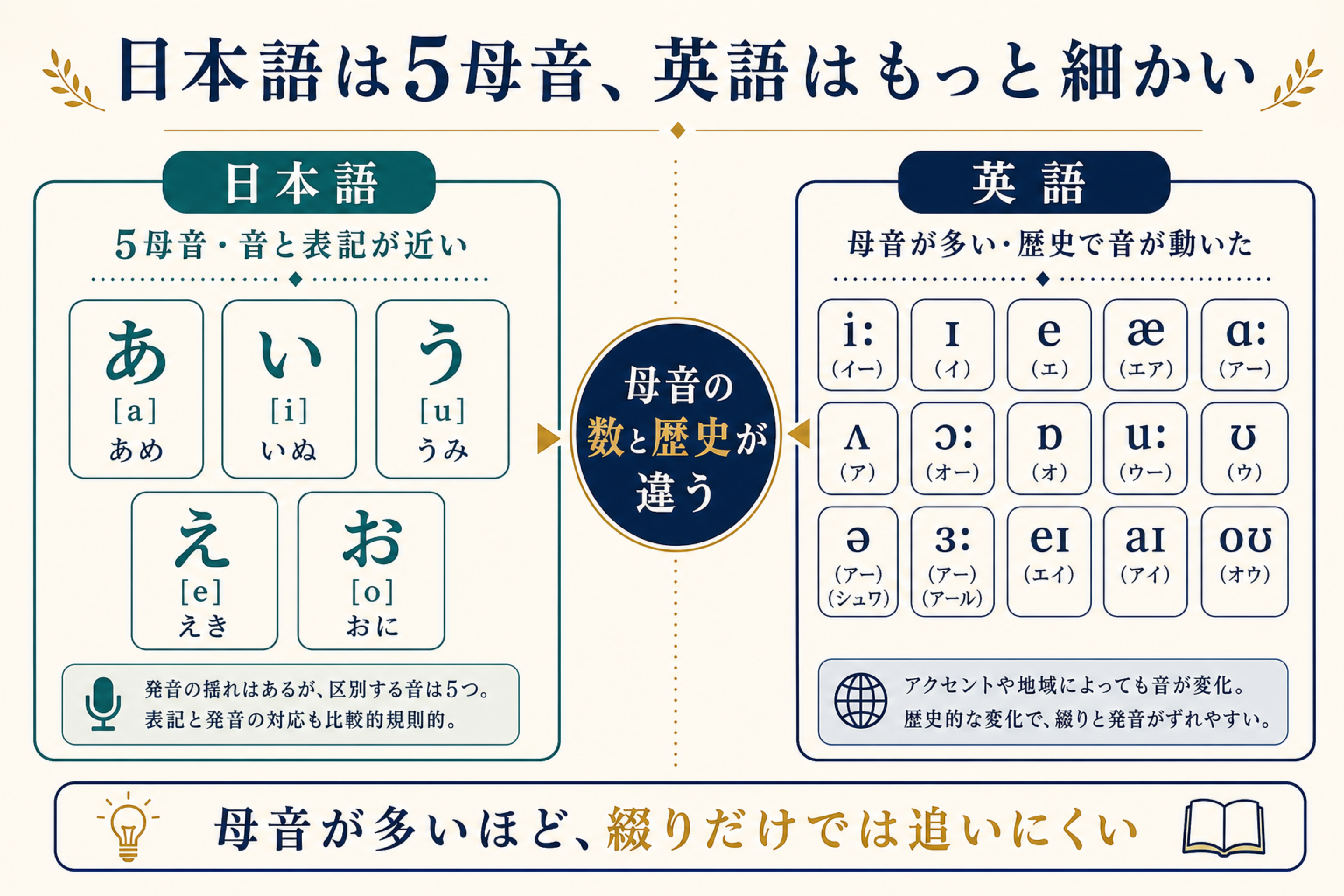 日本語5母音と英語の多い母音を比較する図