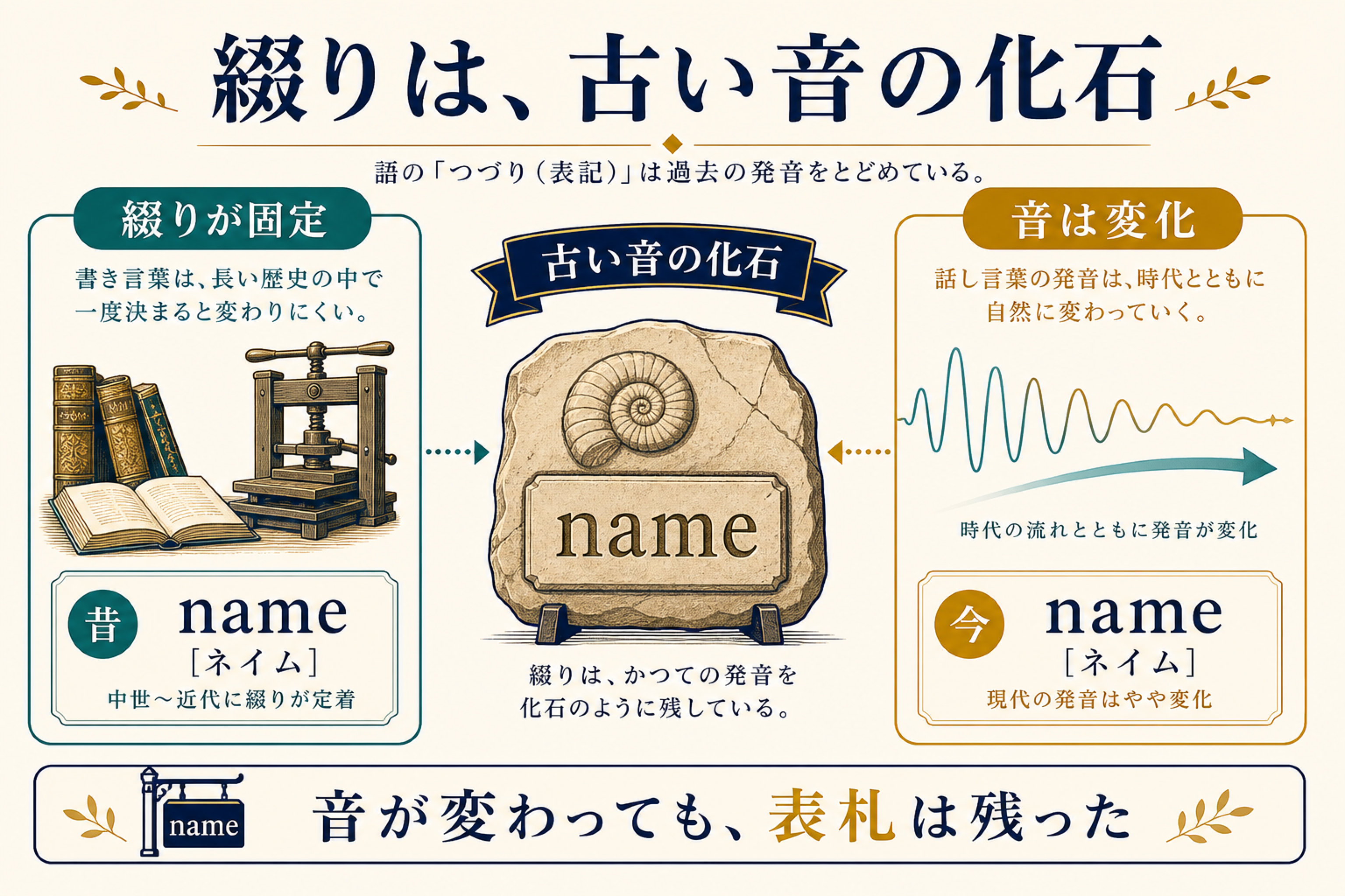 綴りは古い音の化石として残ることを示す図