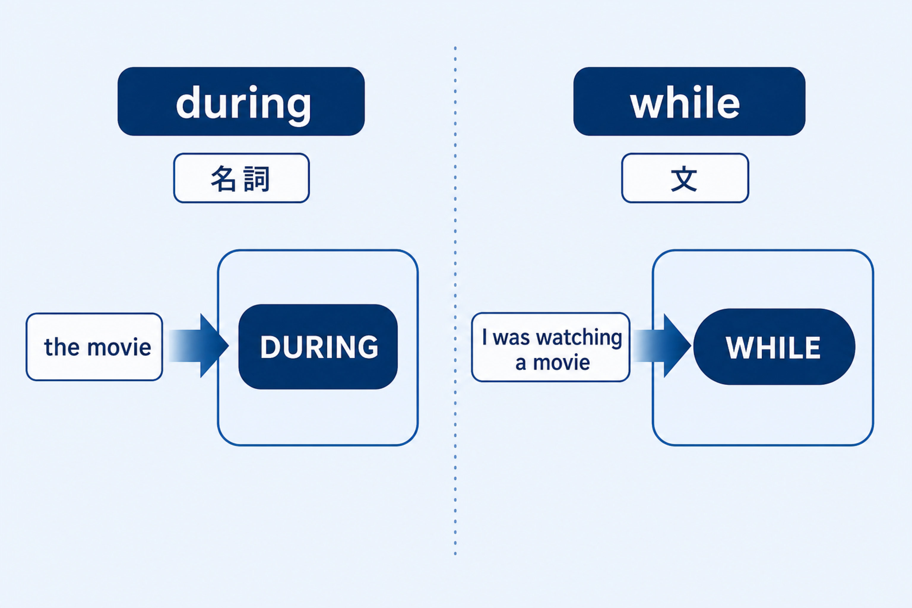 duringは名詞、whileは文を後ろに取ることを比べた図